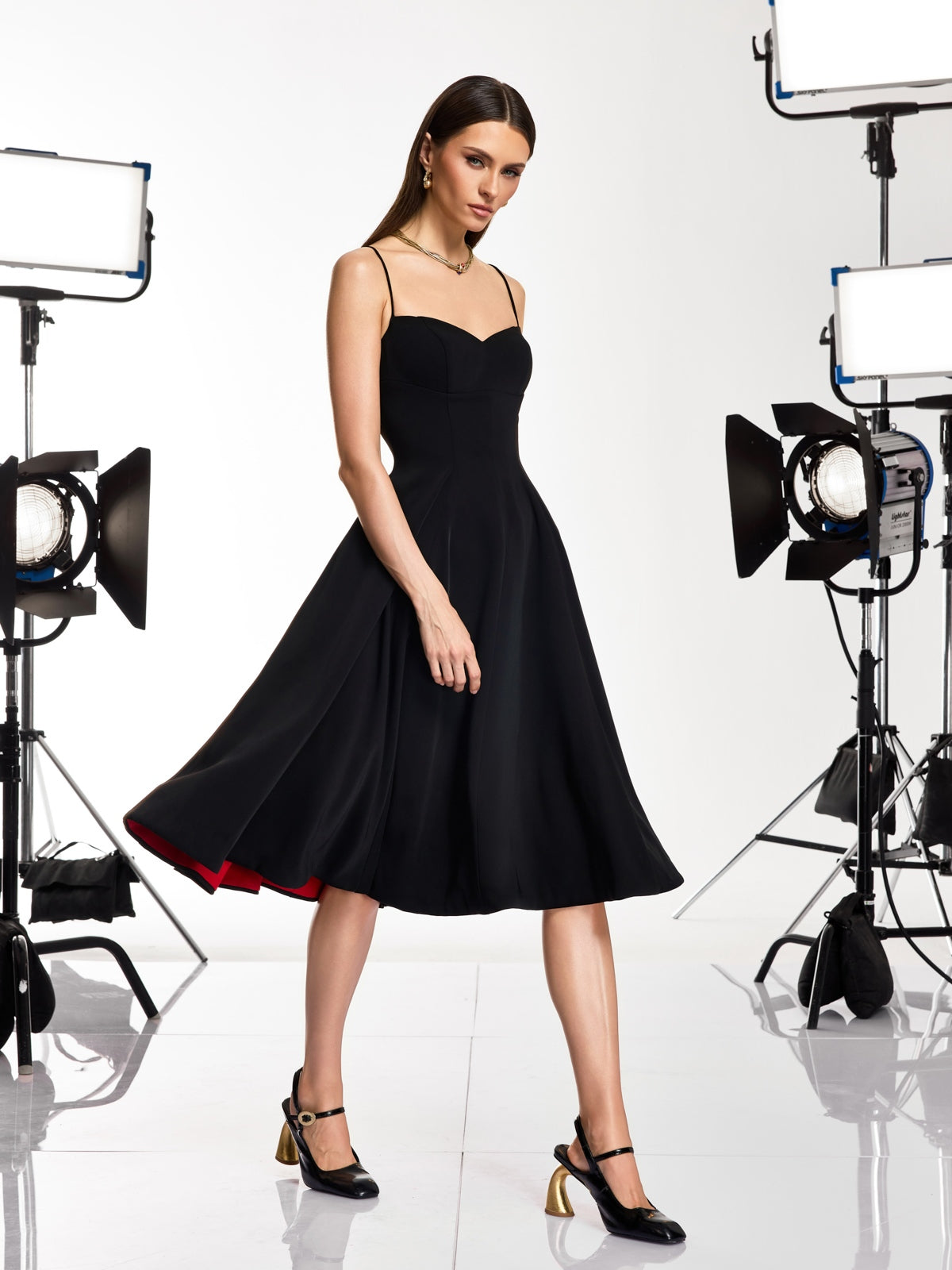 Drynex Spaghetti Red Sole Flared Midi Dress