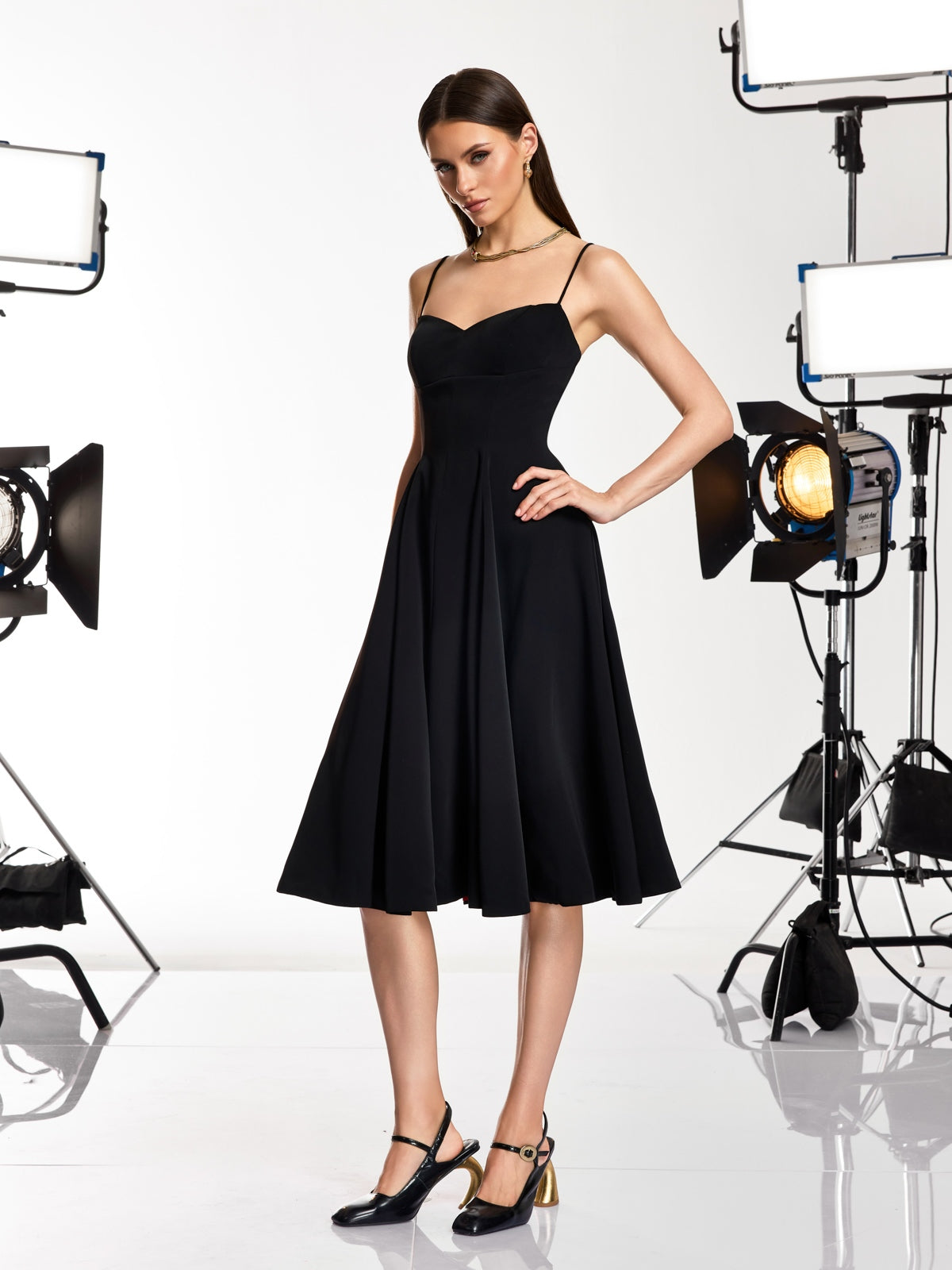 Drynex Spaghetti Red Sole Flared Midi Dress