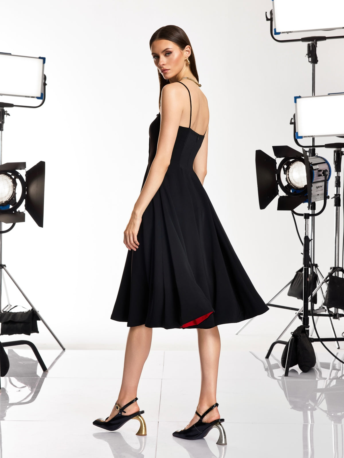 Drynex Spaghetti Red Sole Flared Midi Dress