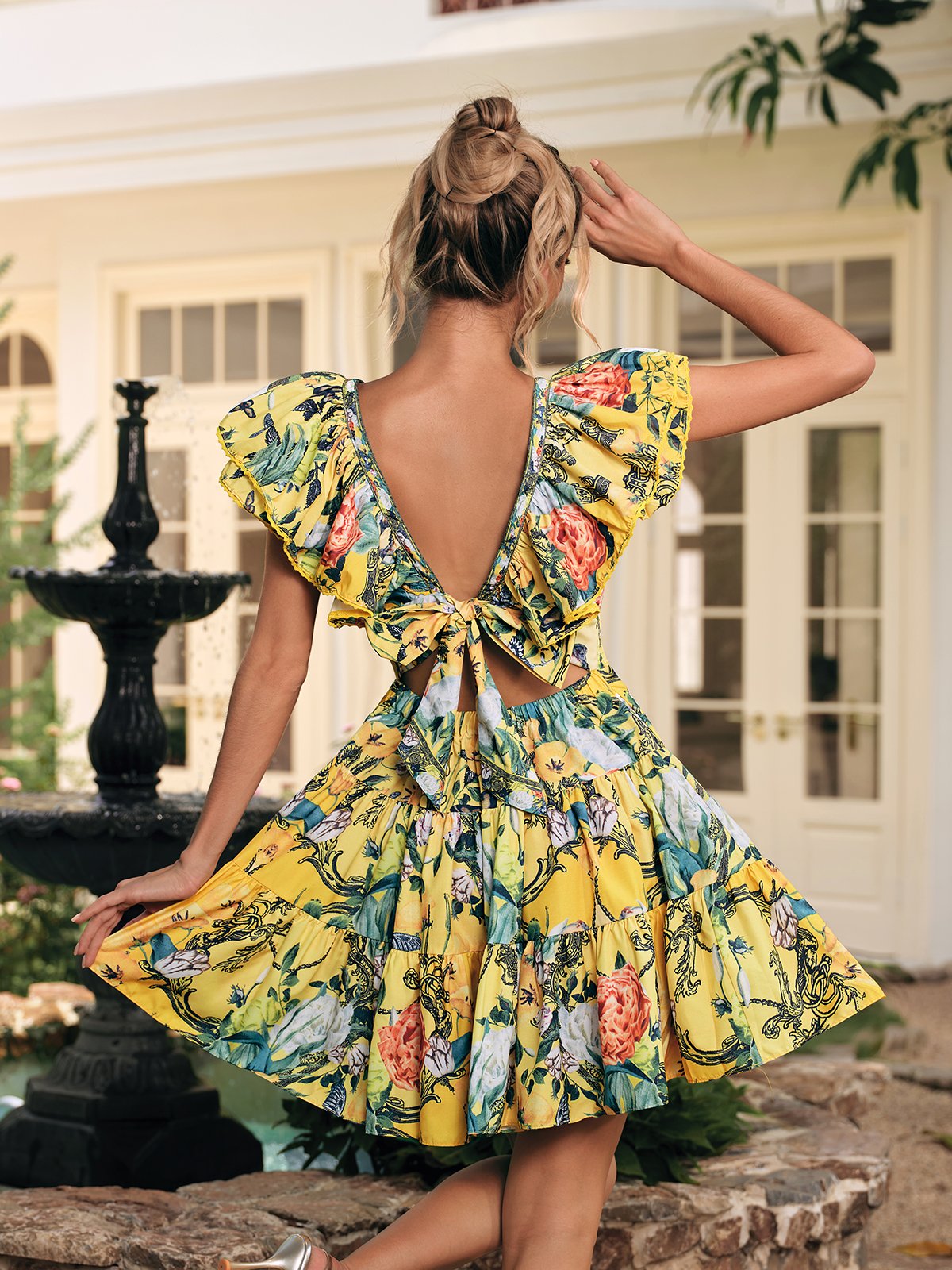 Dryon V Neck Ruffle Printed Mini Dress