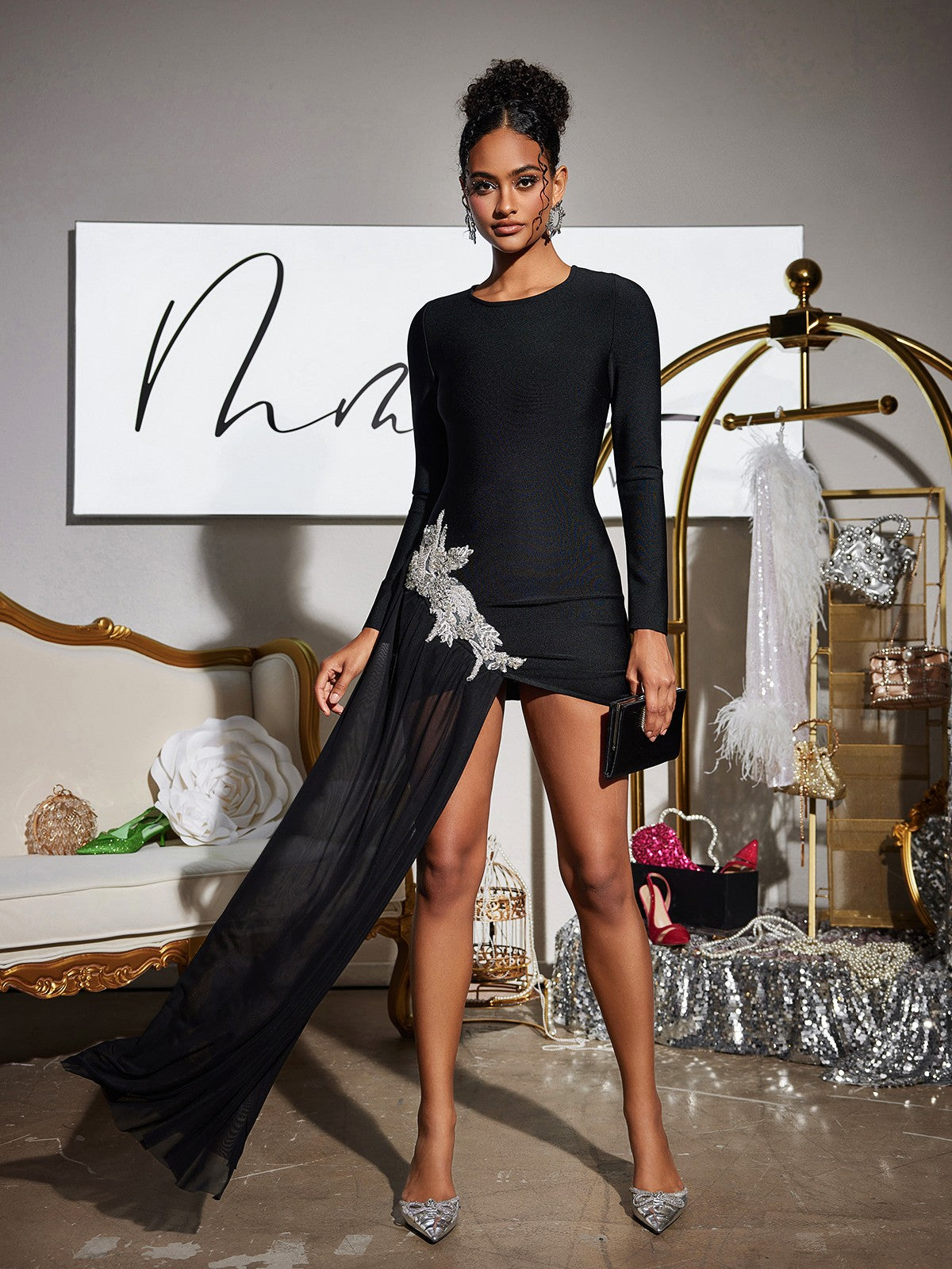 Duald Long Sleeve Crystal Bandage Dress