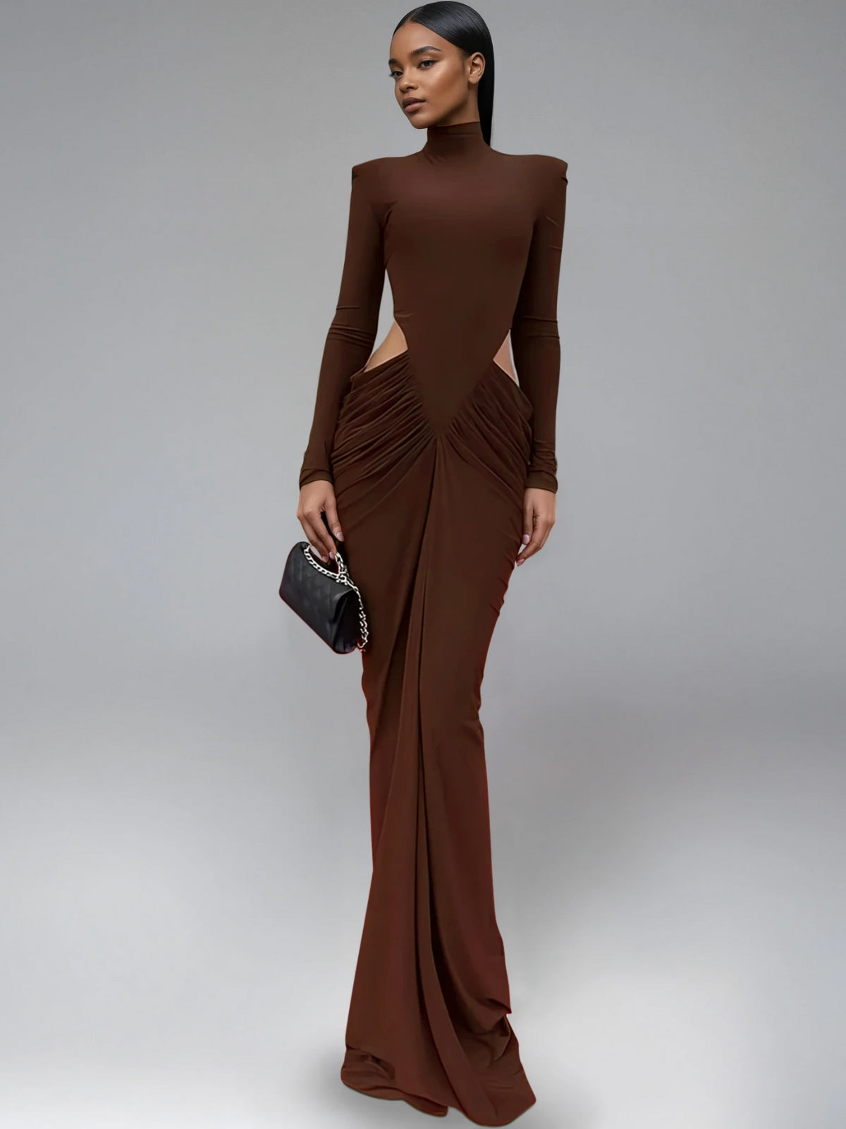 Dualux High Neck Cutout Maxi Dress In Brown