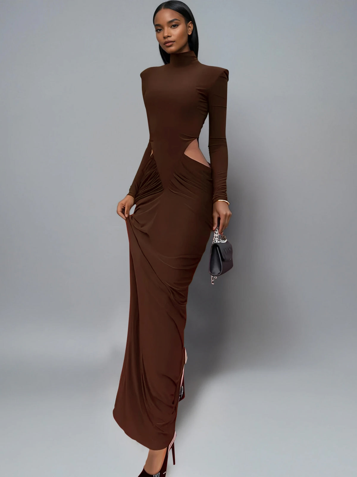 Dualux High Neck Cutout Maxi Dress In Brown