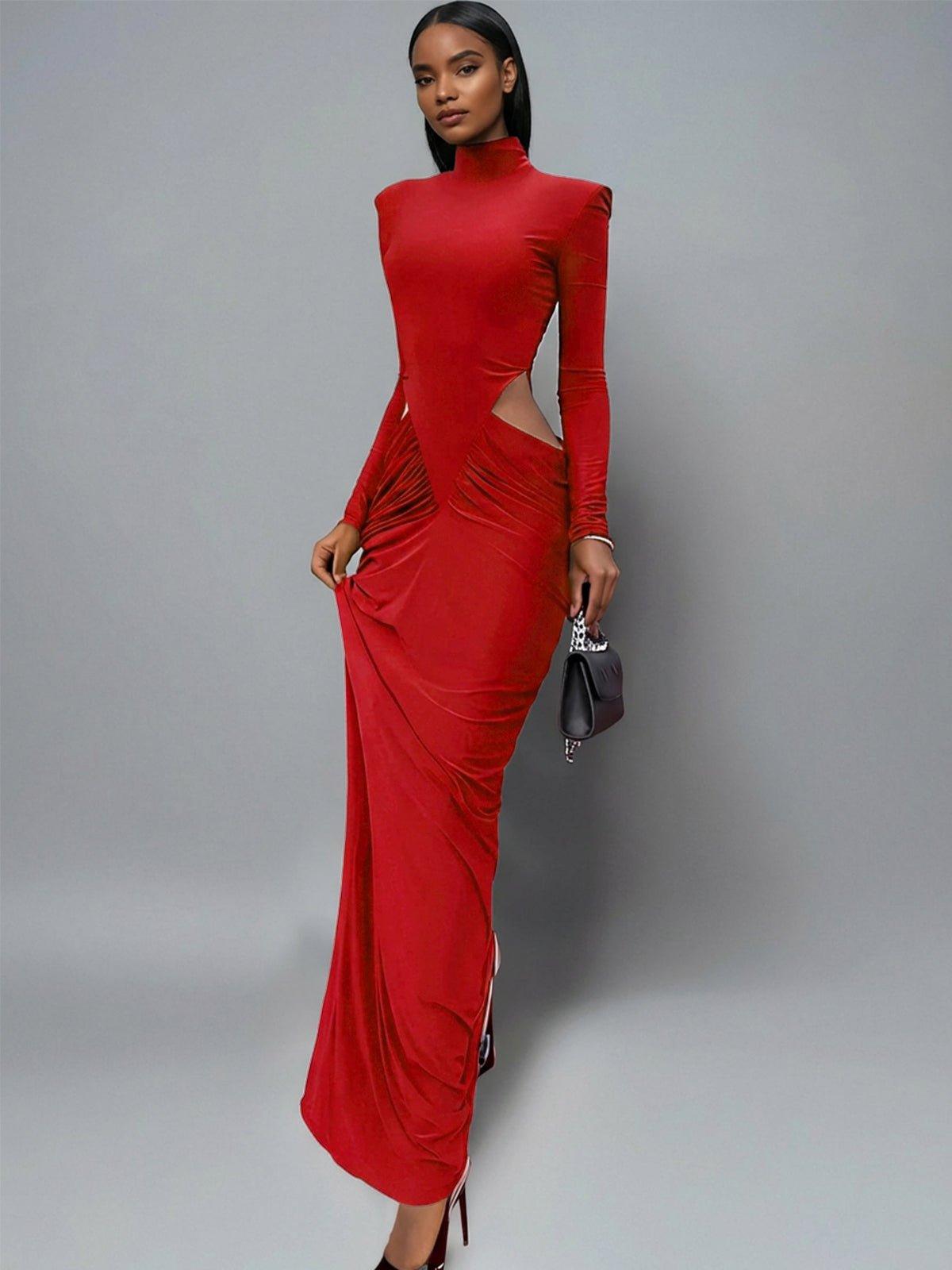 Dualux High Neck Cutout Maxi Dress In Red