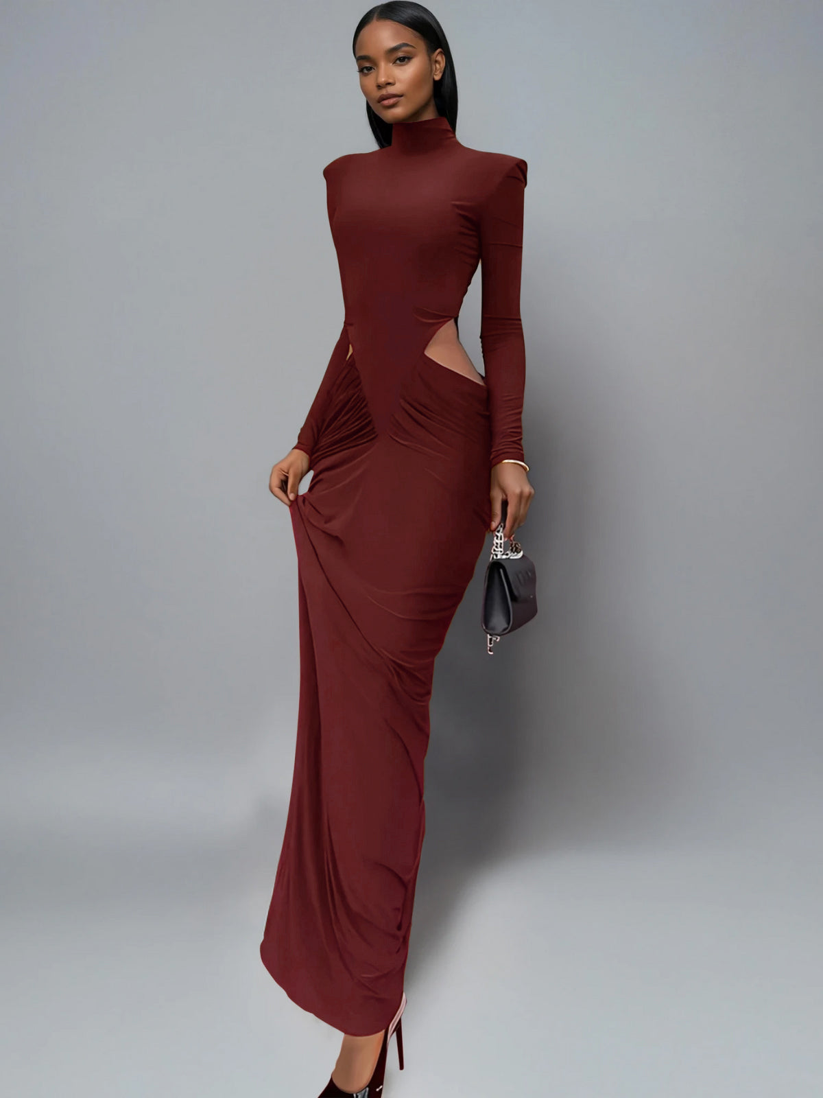 Dualux High Neck Cutout Maxi Dress In Wine