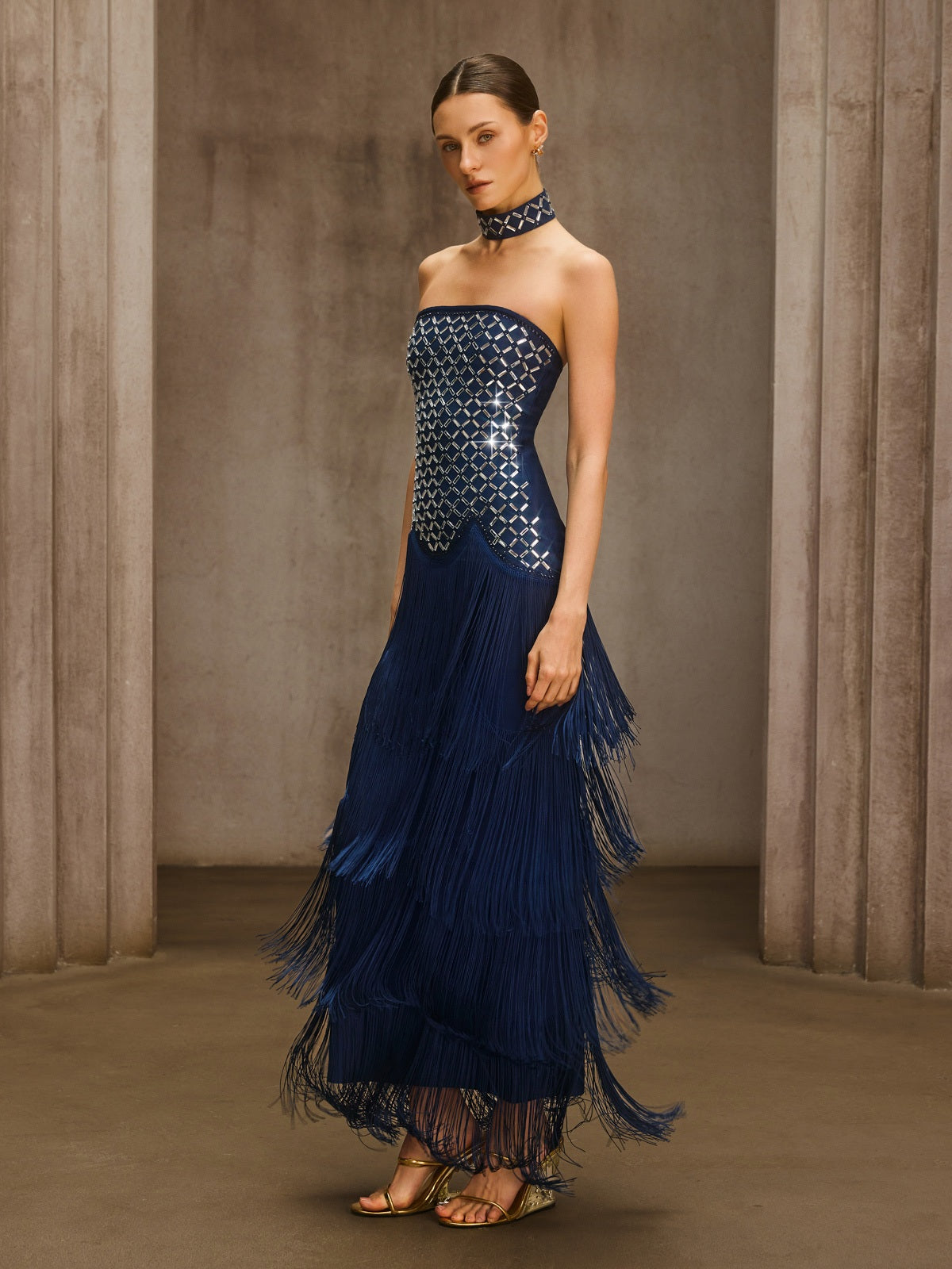 Dunlap Strapless Rhinestone Fringe Maxi Dress