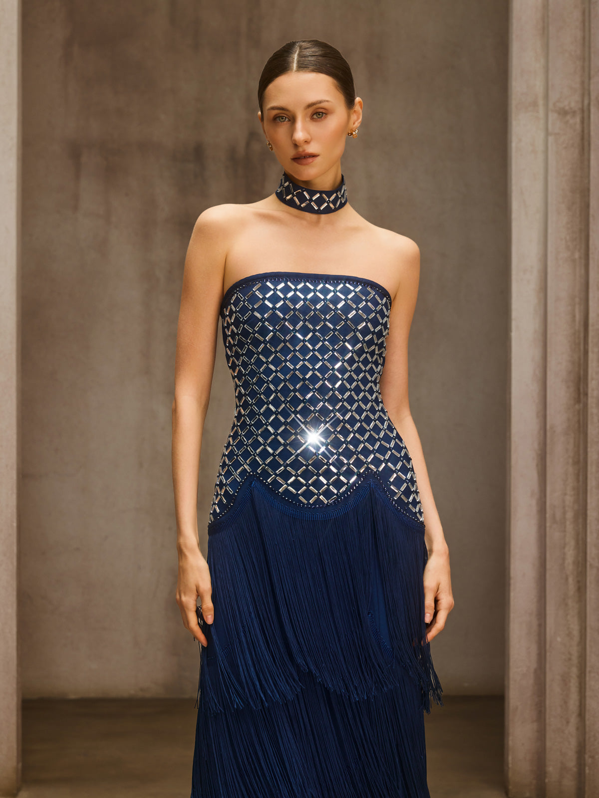 Dunlap Strapless Rhinestone Fringe Maxi Dress