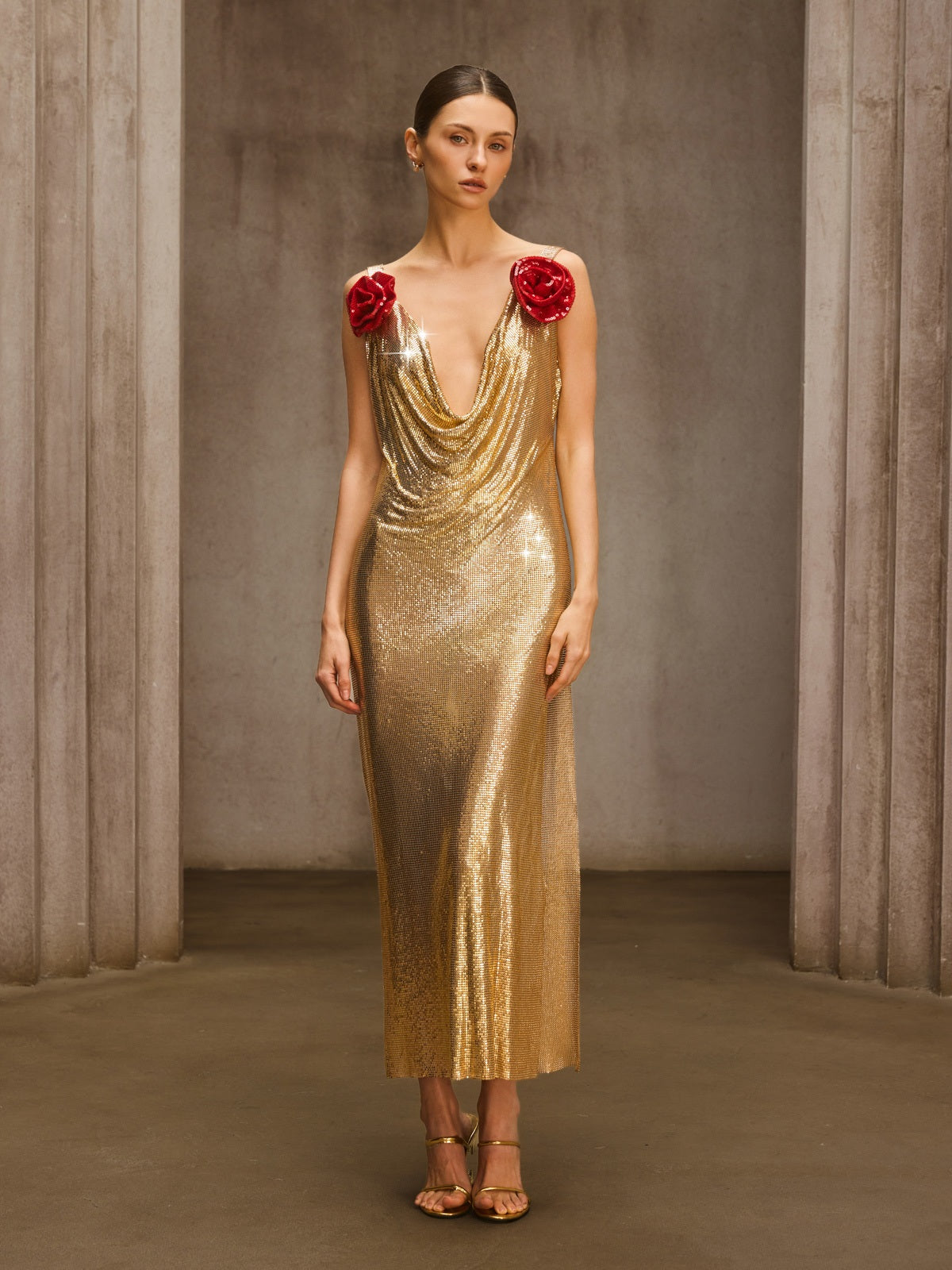 Dusan Cowl Neck Flower Chainmail Midi Dress