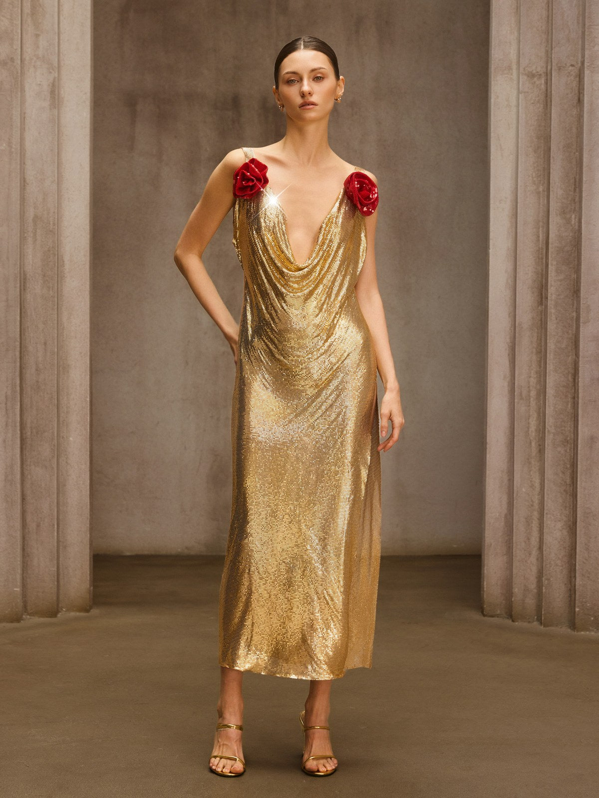 Dusan Cowl Neck Flower Chainmail Midi Dress
