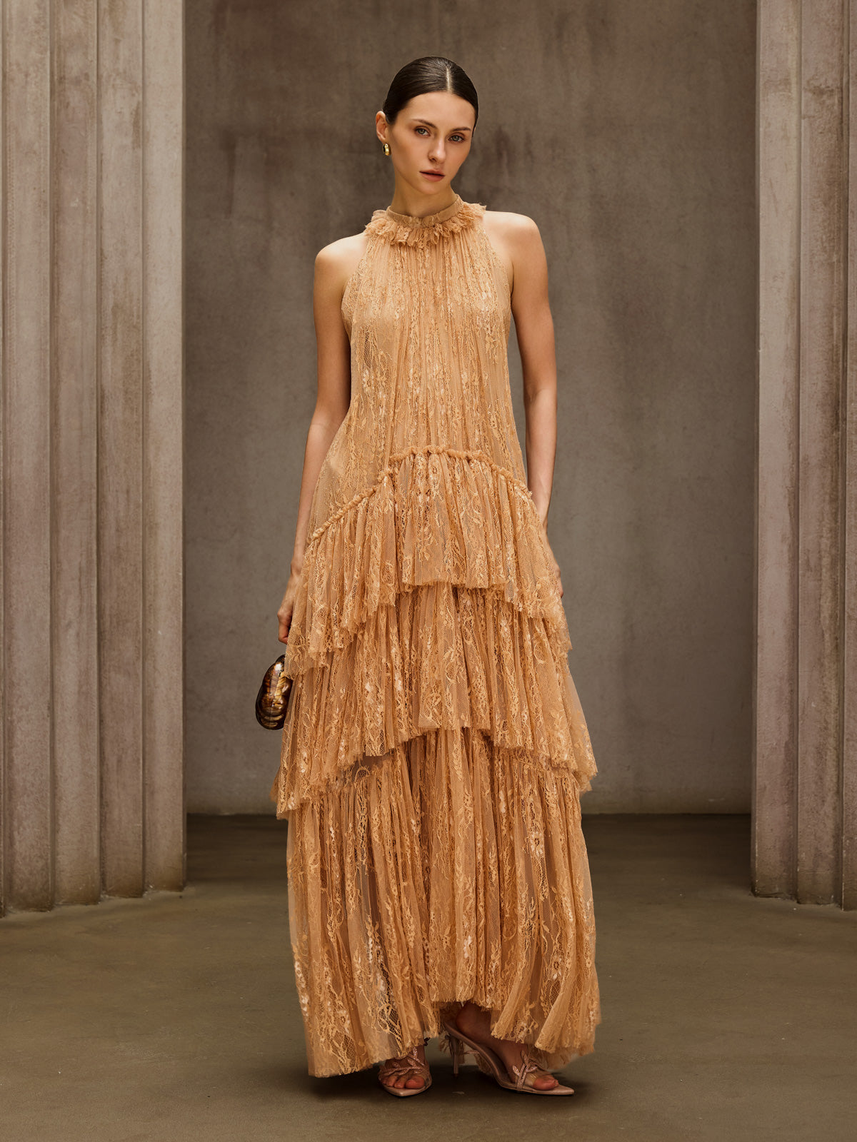 Dyan Halterneck Tulle Maxi Dress In Apricot