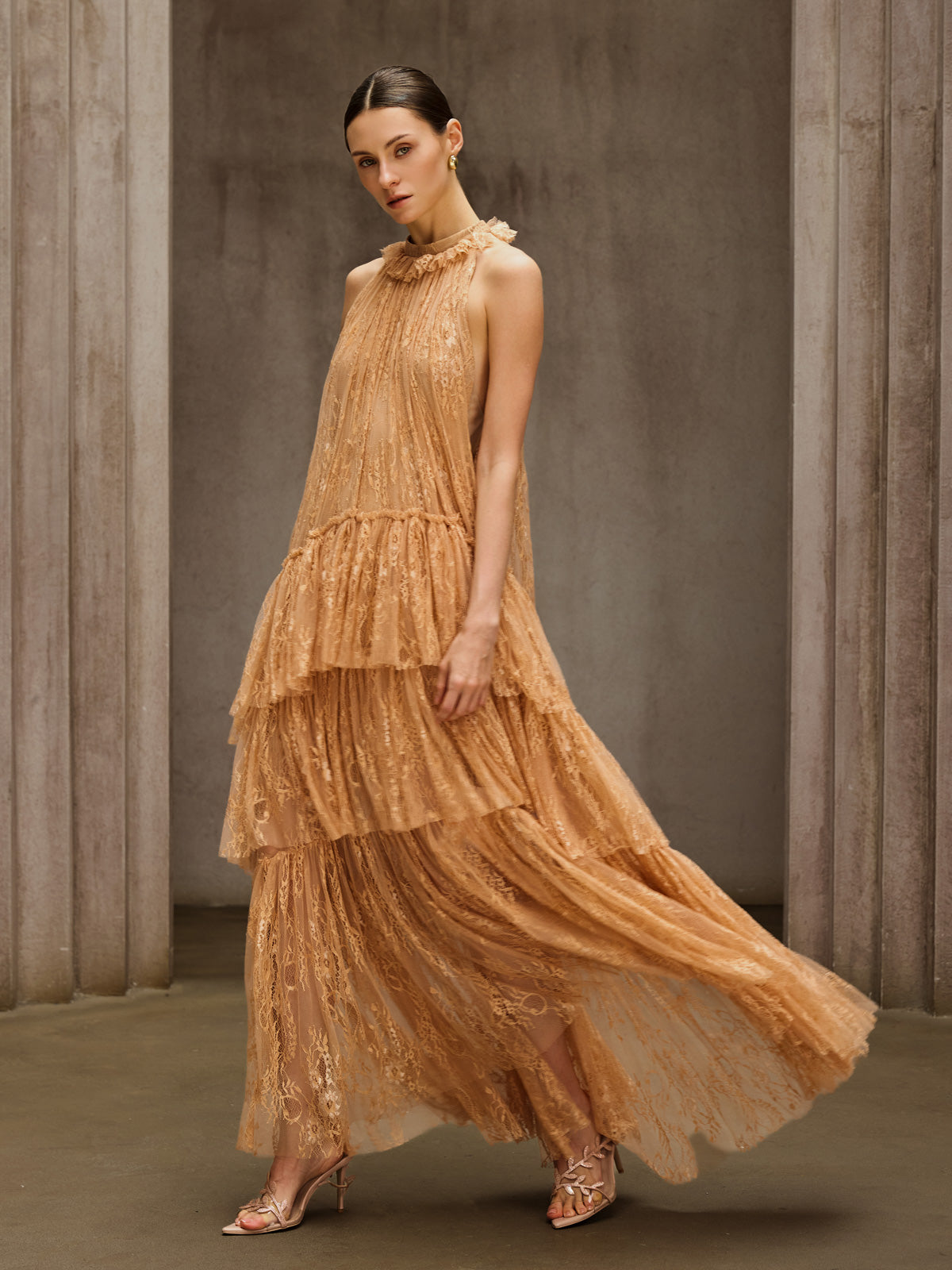 Dyan Halterneck Tulle Maxi Dress In Apricot