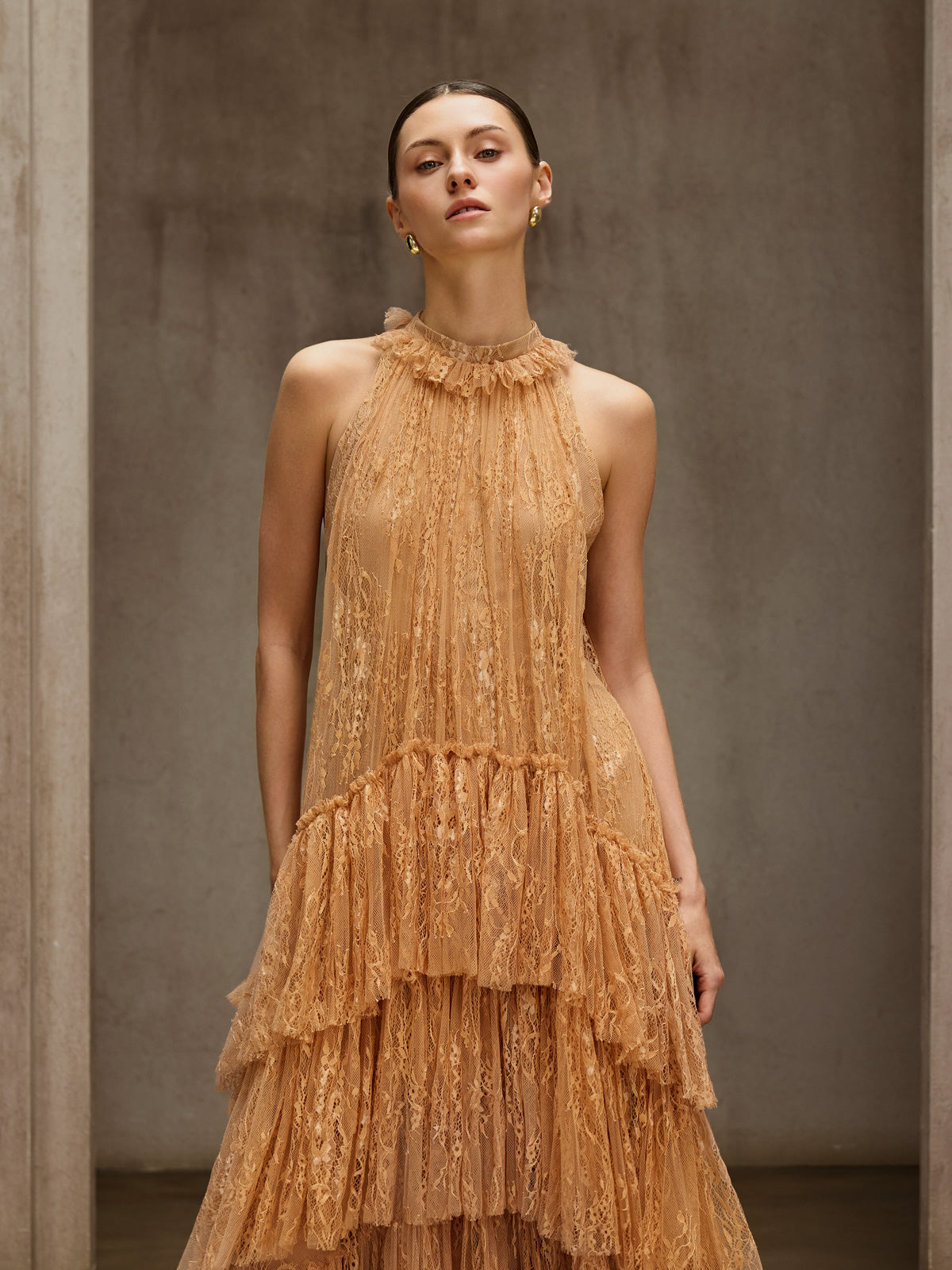 Dyan Halterneck Tulle Maxi Dress In Apricot