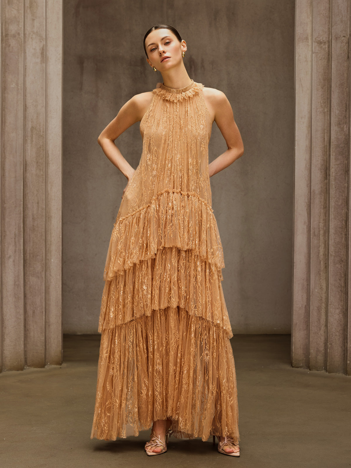 Dyan Halterneck Tulle Maxi Dress In Apricot