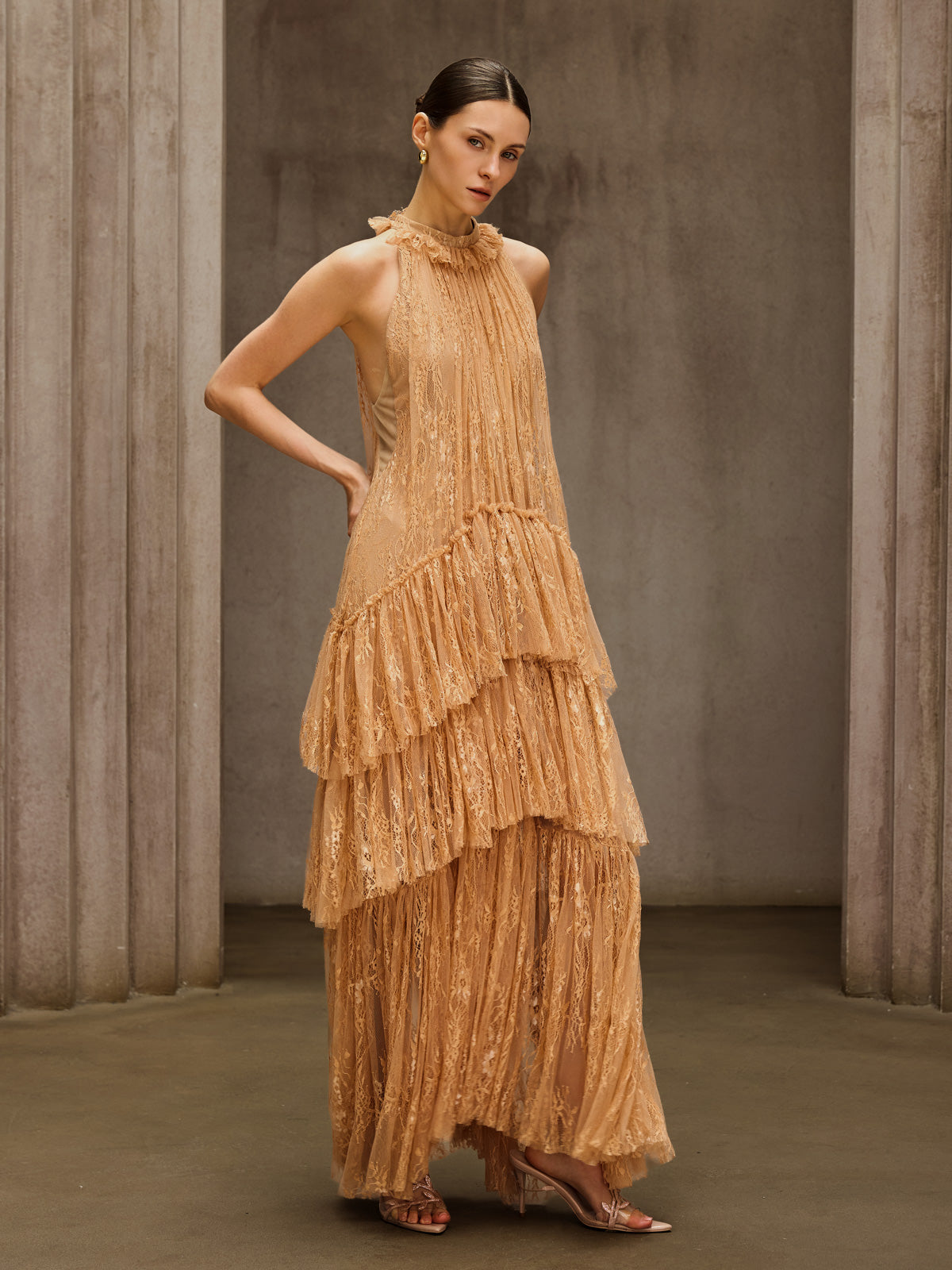 Dyan Halterneck Tulle Maxi Dress In Apricot