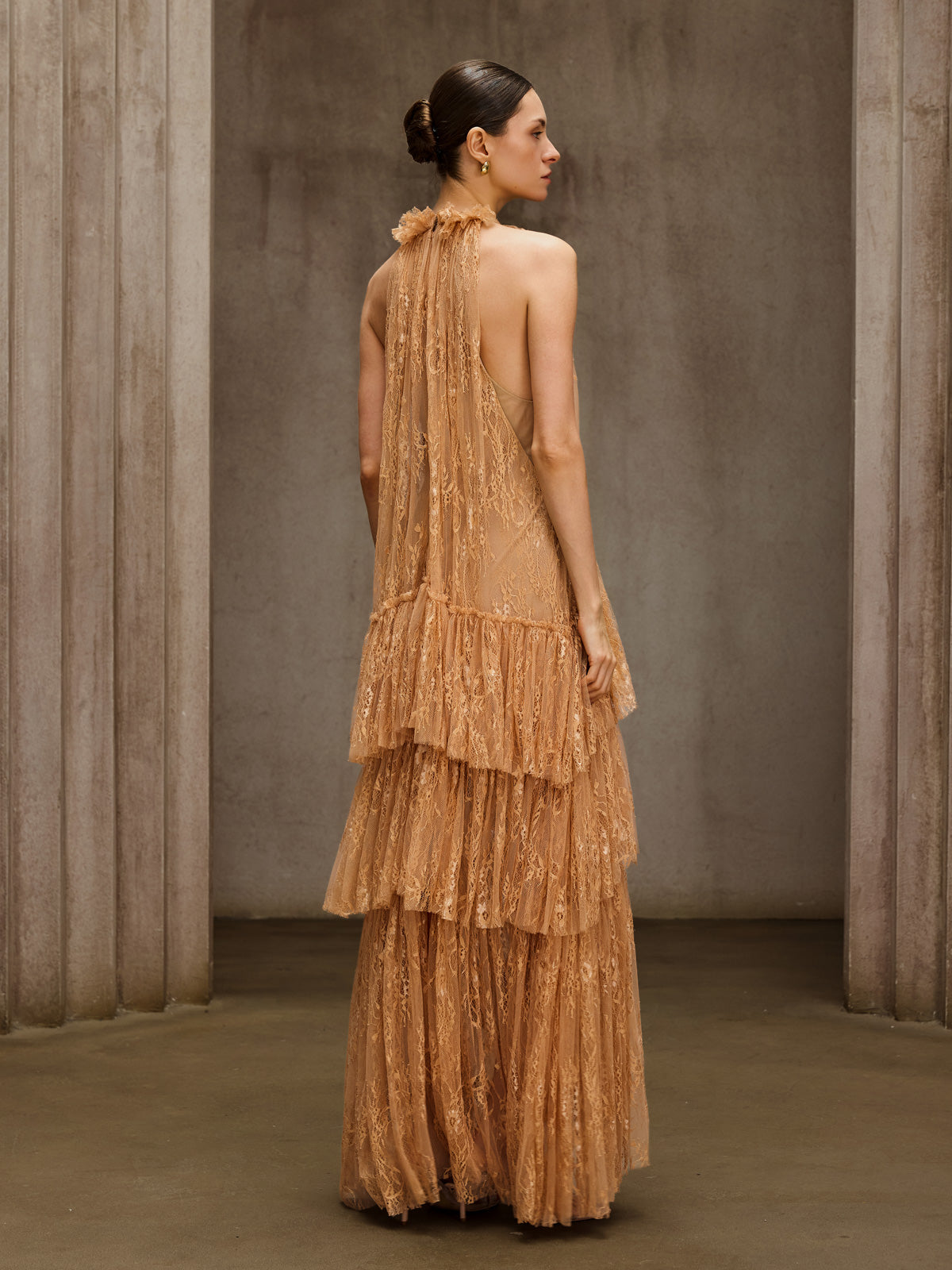Dyan Halterneck Tulle Maxi Dress In Apricot