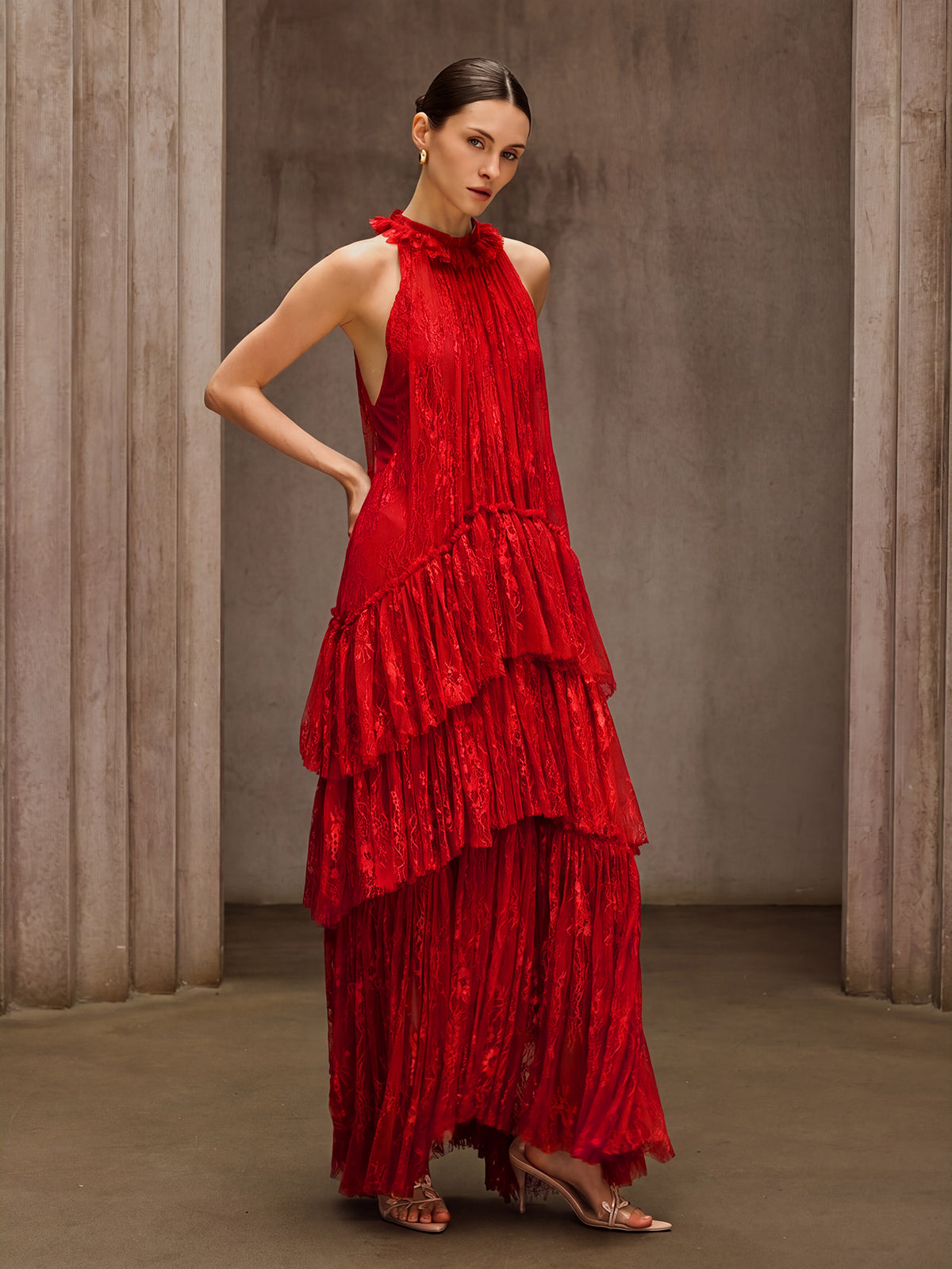 Dyan Halterneck Tulle Maxi Dress In Red