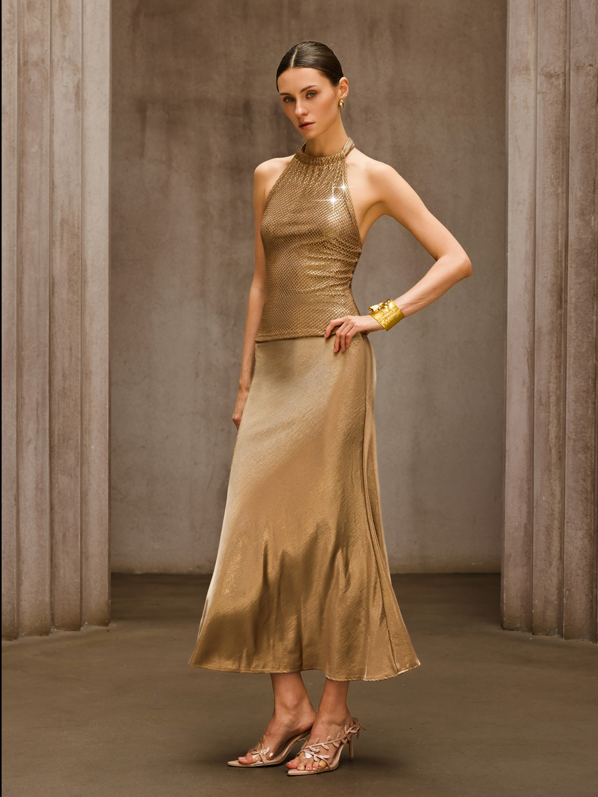 Dyanne Halterneck Rhinestone Mesh Skirt Set