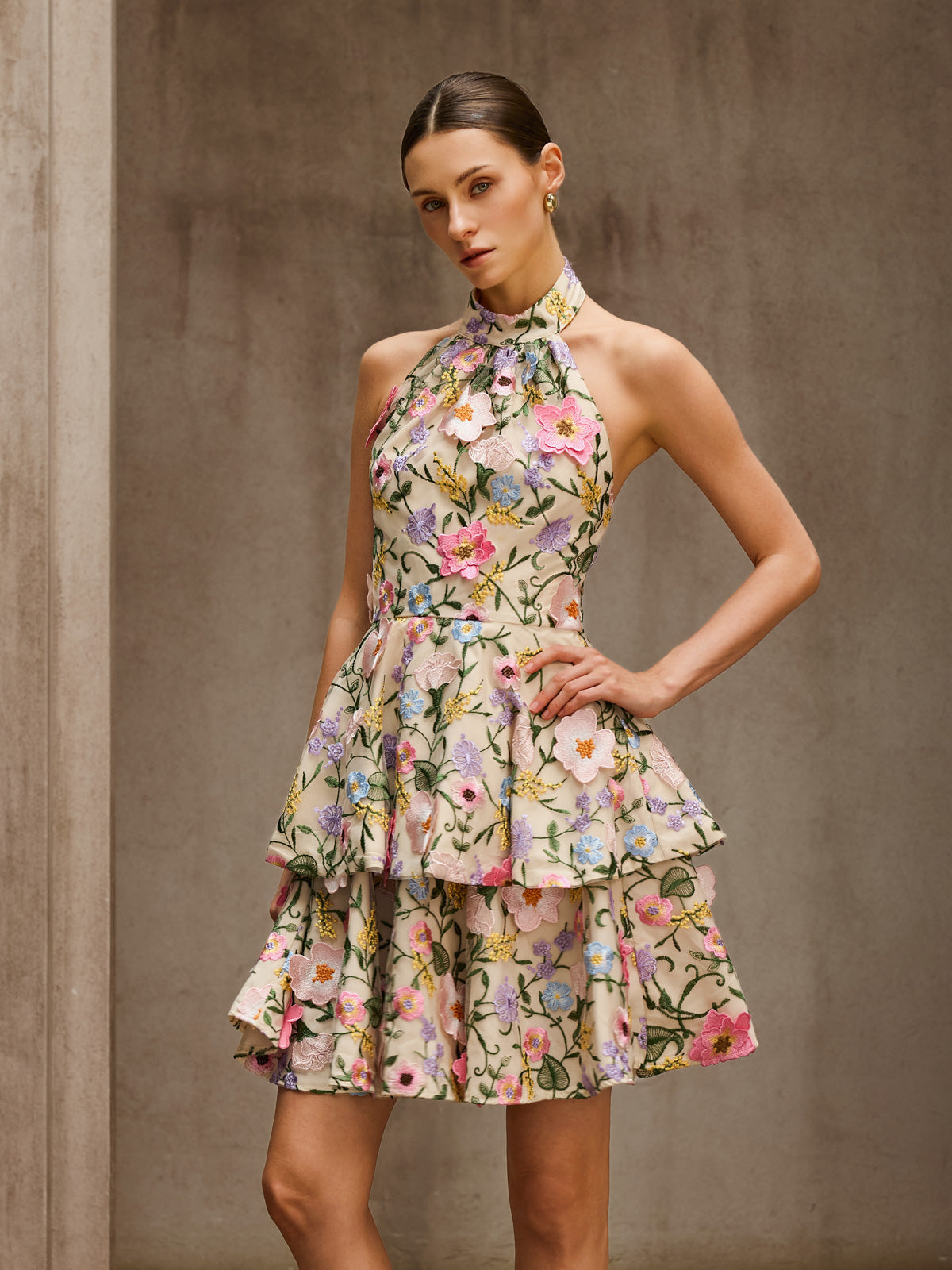 Dyllis Halterneck Flower Embroidered Mini Dress