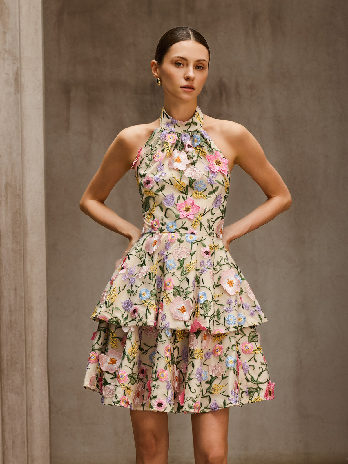 Dyllis Halterneck Flower Embroidered Mini Dress