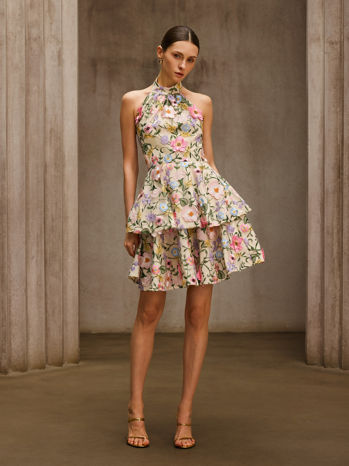 Dyllis Halterneck Flower Embroidered Mini Dress