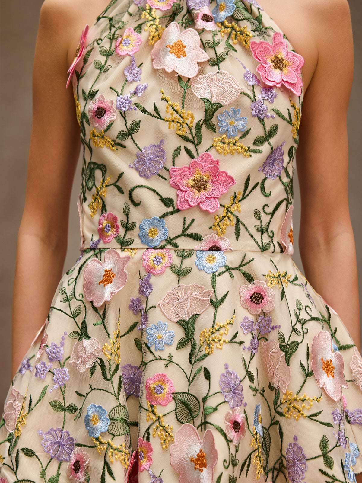Dyllis Halterneck Flower Embroidered Mini Dress