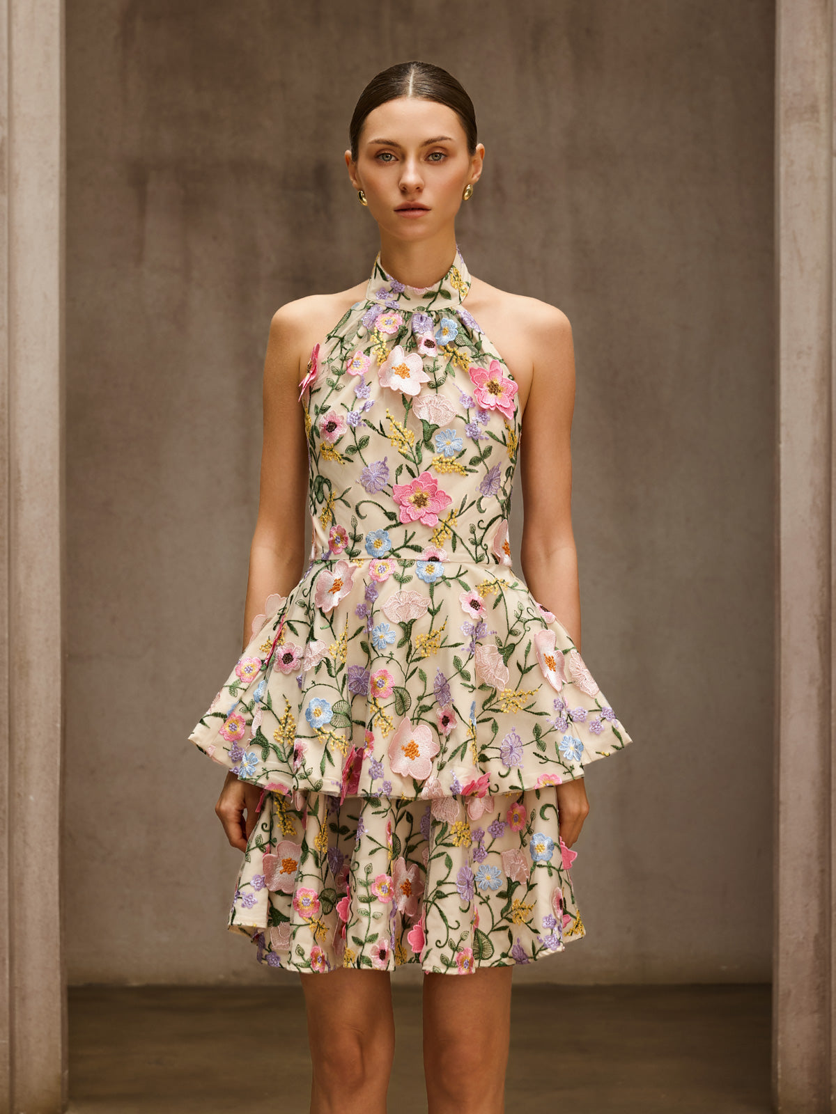 Dyllis Halterneck Flower Embroidered Mini Dress