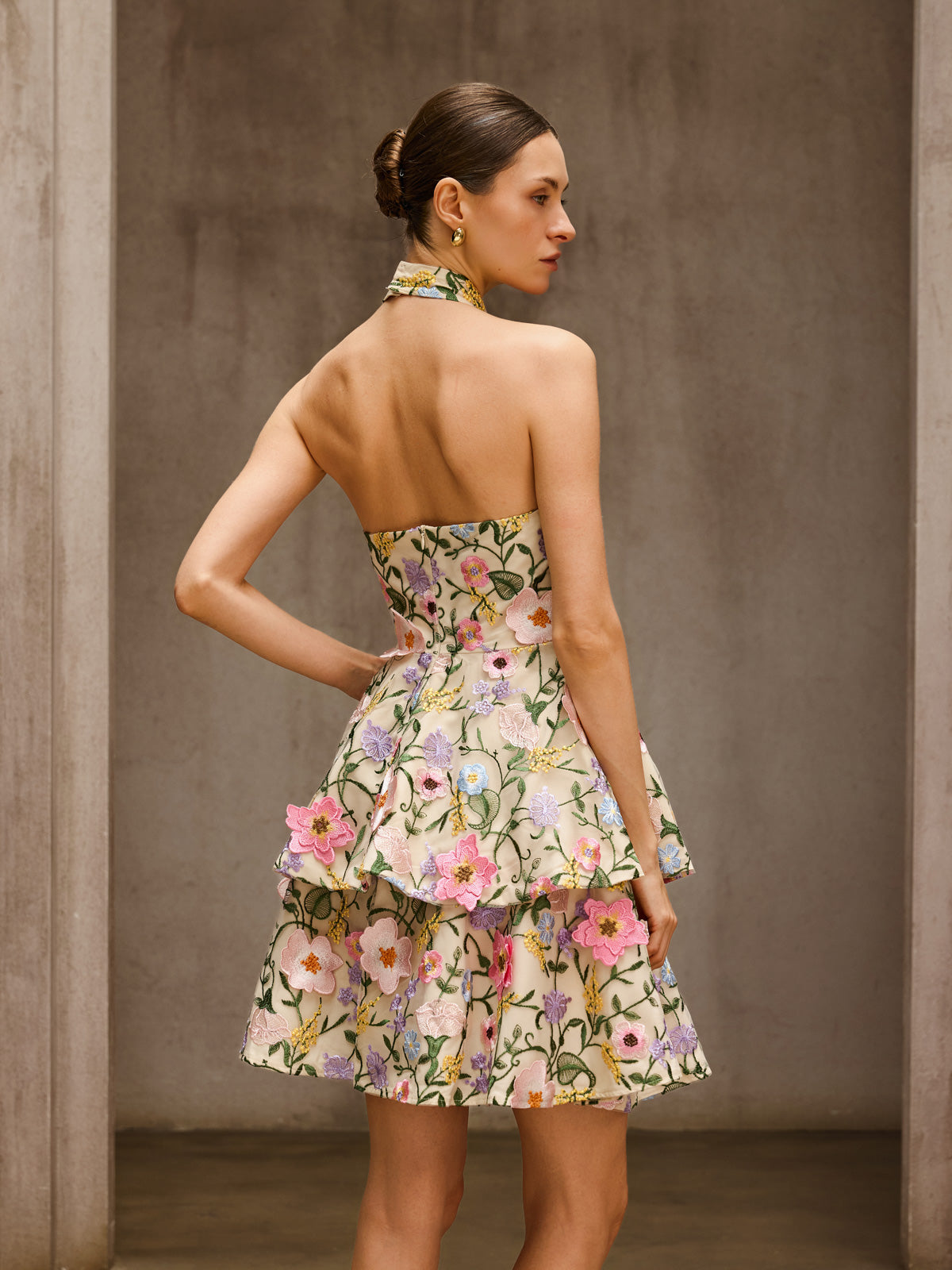 Dyllis Halterneck Flower Embroidered Mini Dress