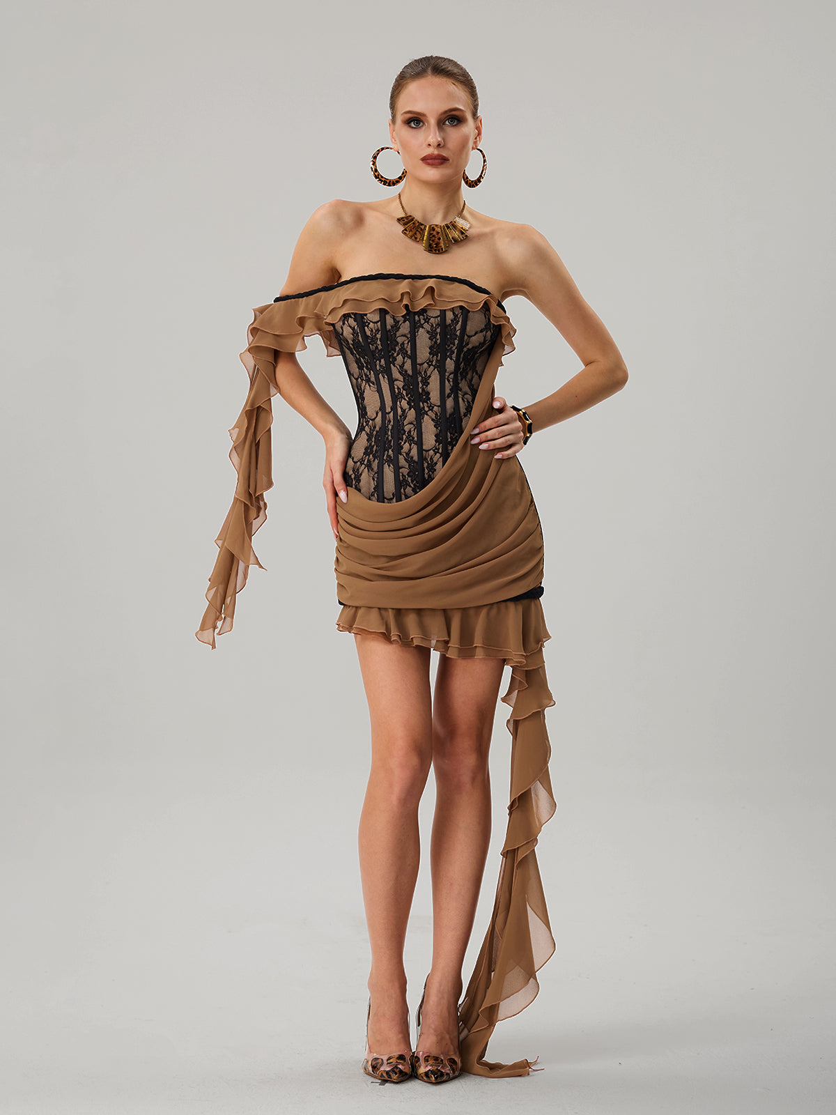 Dyphonia Strapless Lace Ruffle Mini Dress