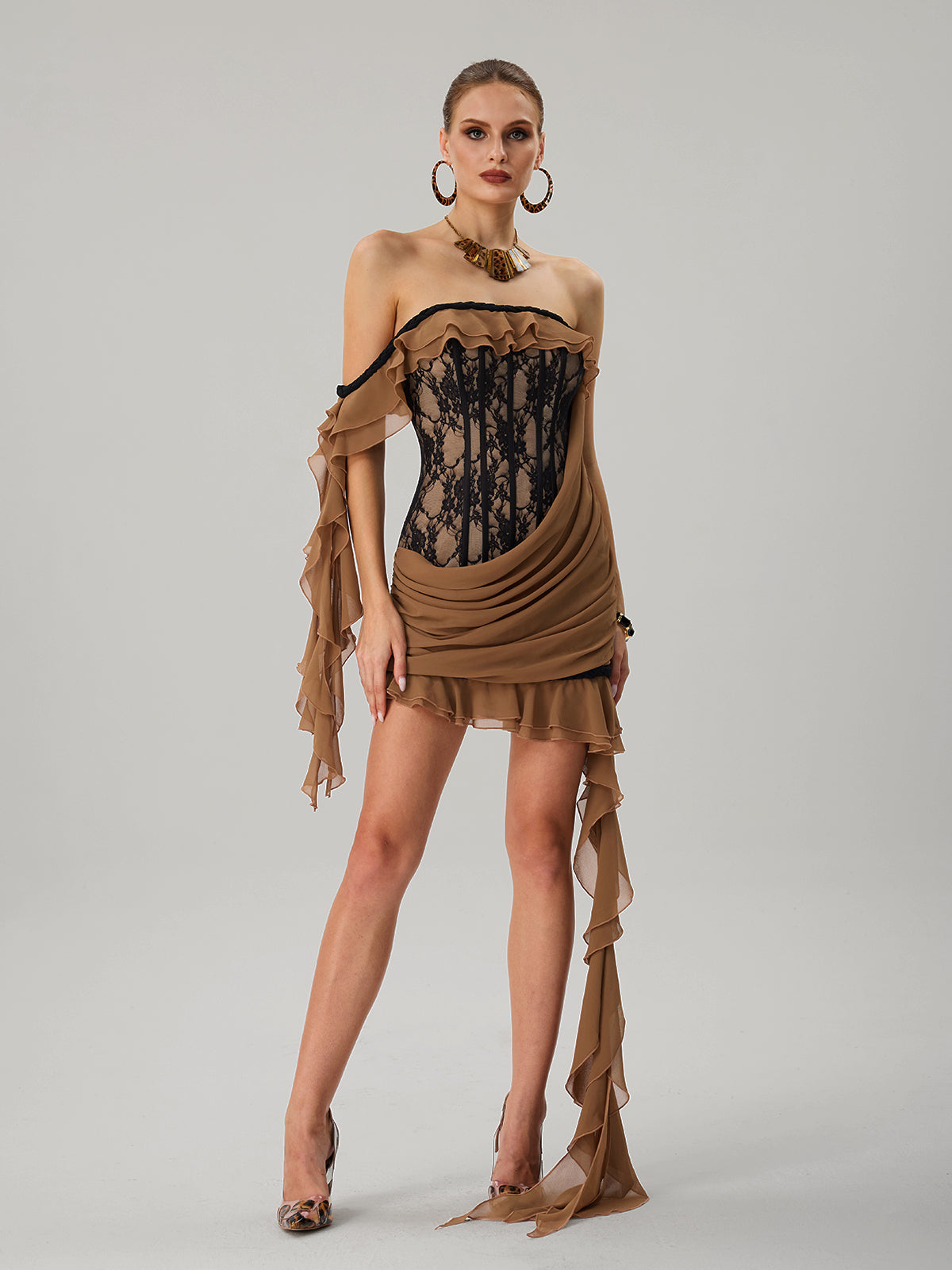 Dyphonia Strapless Lace Ruffle Mini Dress