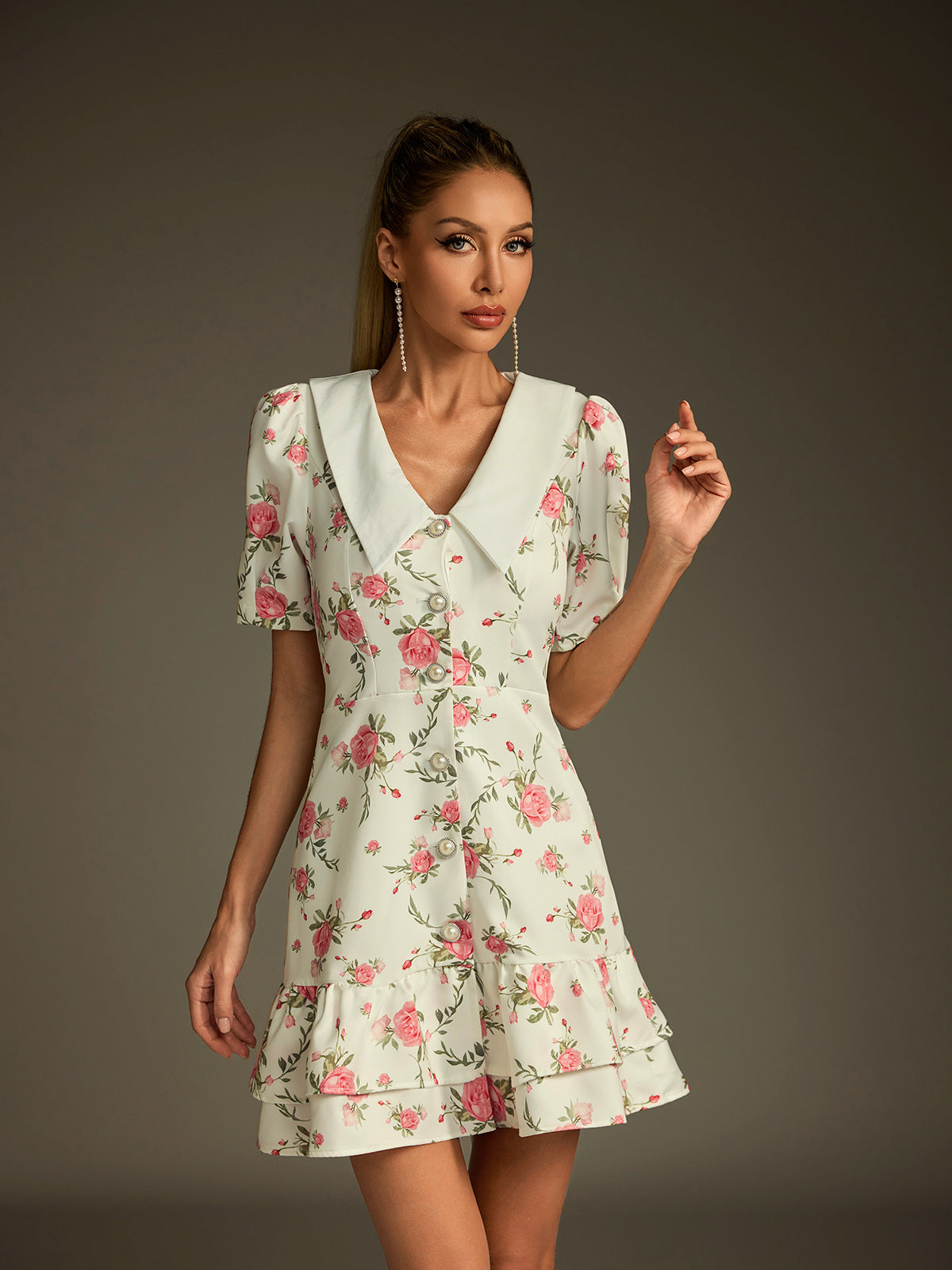 Dyvalen V Neck Lace Up Floral Dress In White