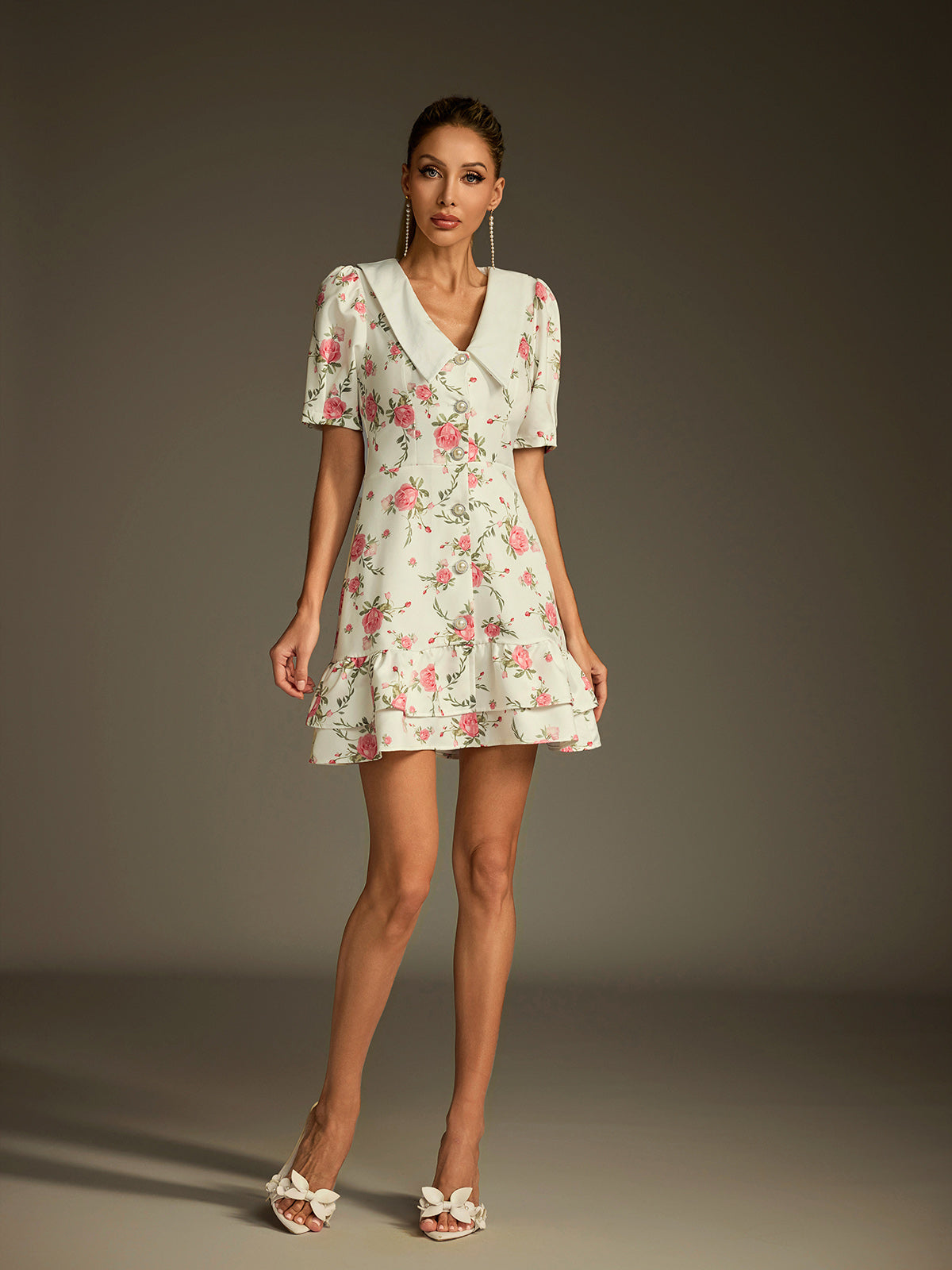 Dyvalen V Neck Lace Up Floral Dress In White