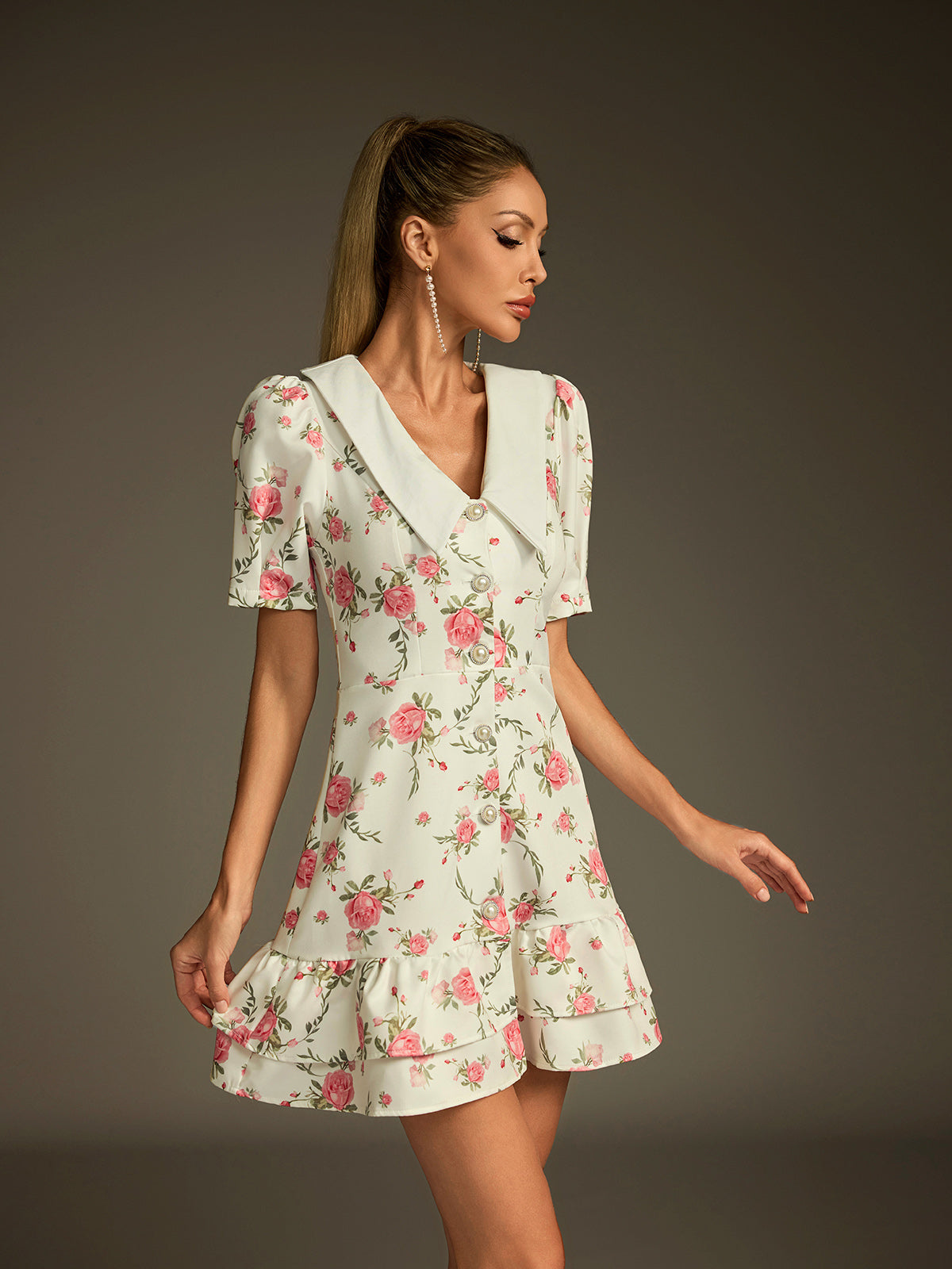 Dyvalen V Neck Lace Up Floral Dress In White