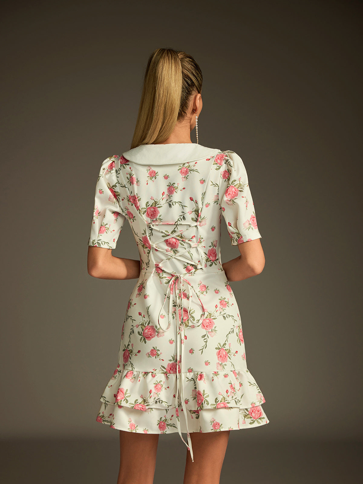 Dyvalen V Neck Lace Up Floral Dress In White