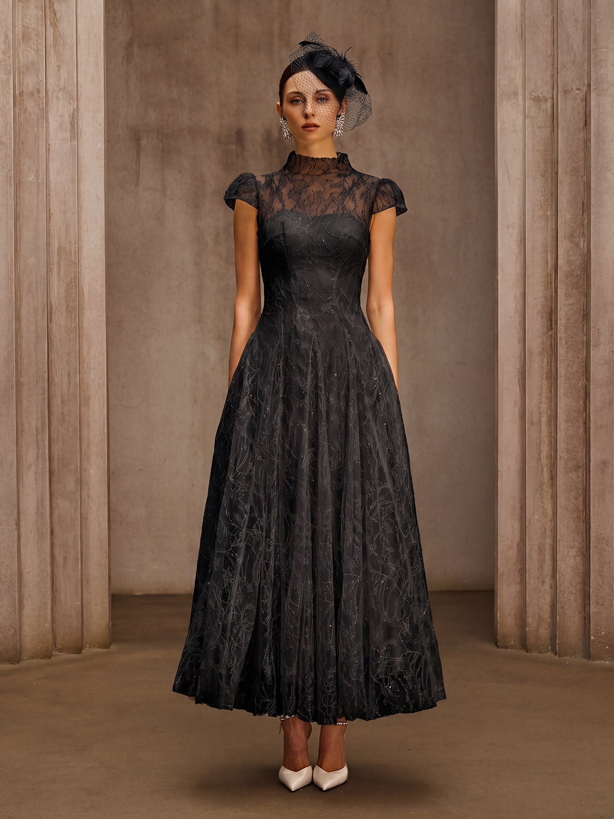 Dyzma Sequin Lace Midi Dress In Black