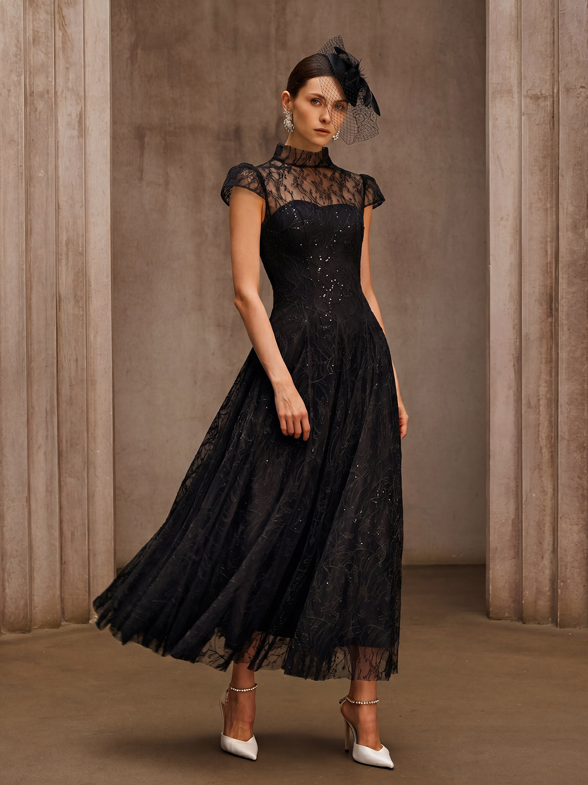 Dyzma Sequin Lace Midi Dress In Black