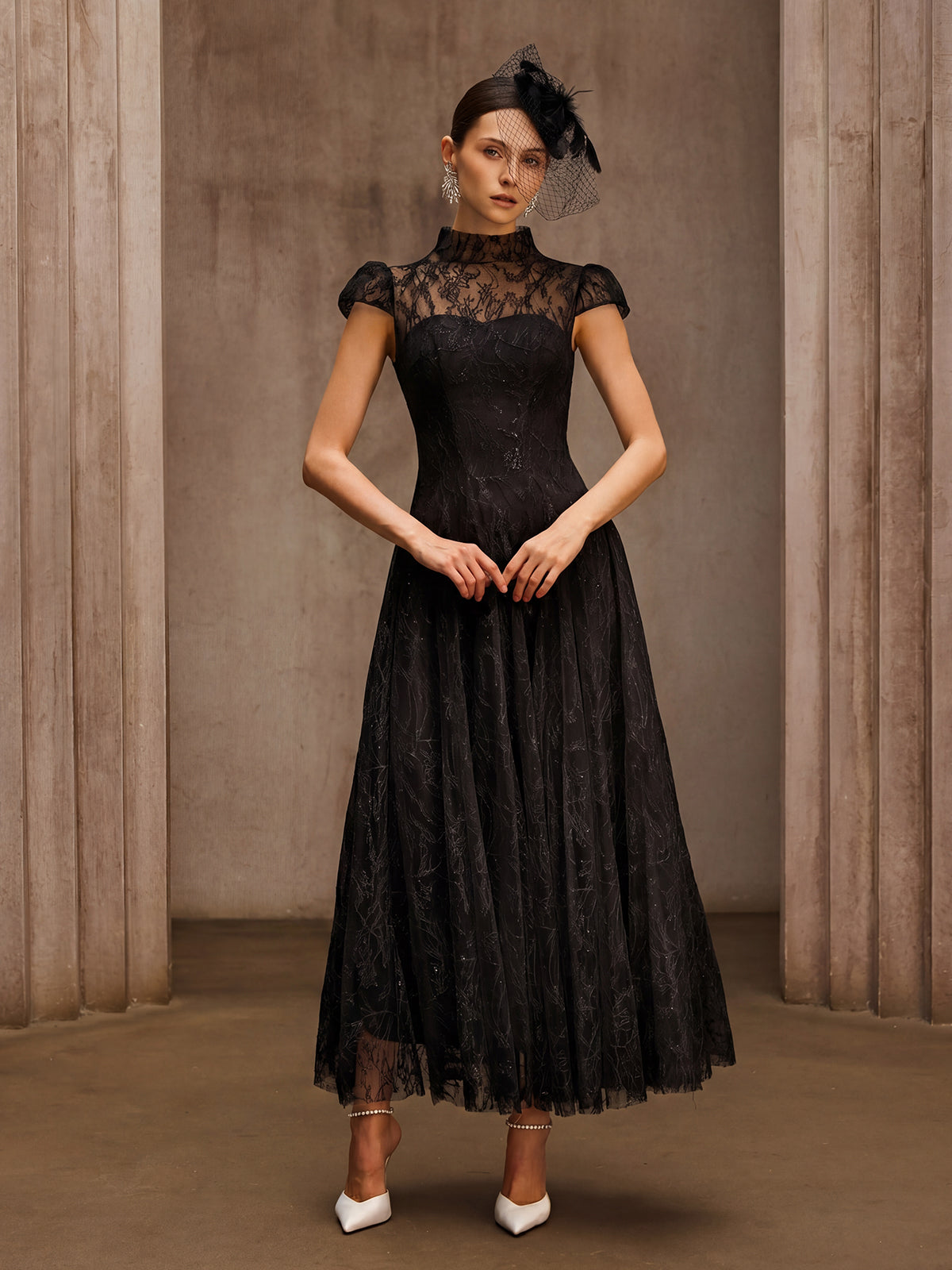 Dyzma Sequin Lace Midi Dress In Black