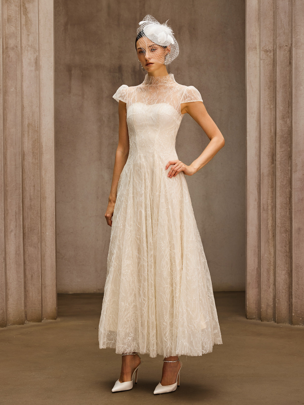 Dyzma Sequin Lace Midi Dress In White