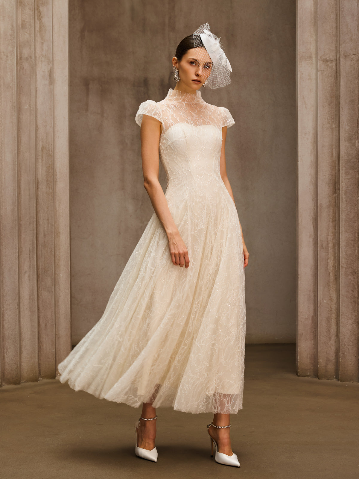 Dyzma Sequin Lace Midi Dress In White