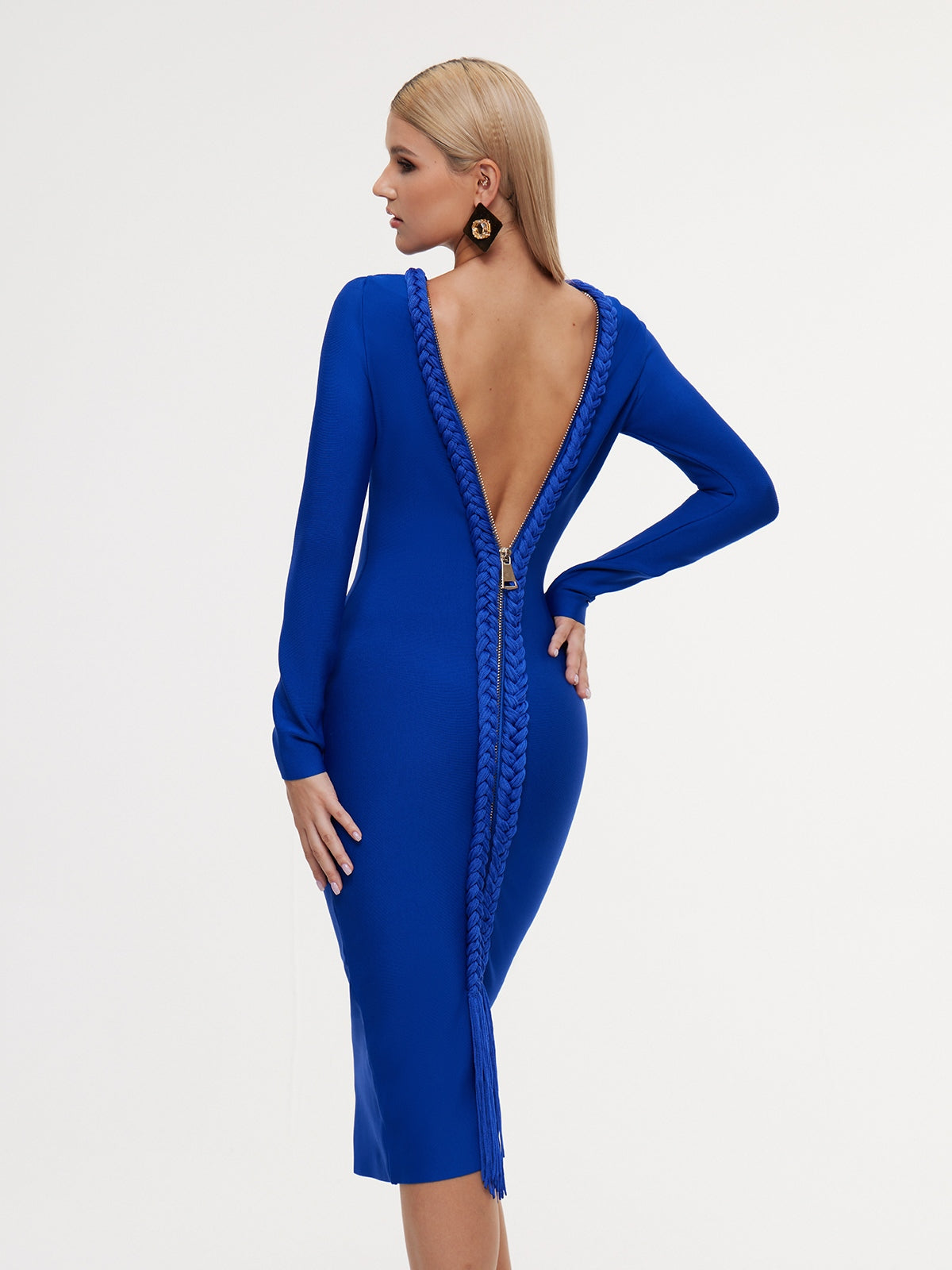 Eddyron Long Sleeve Bandage Midi Dress In Blue