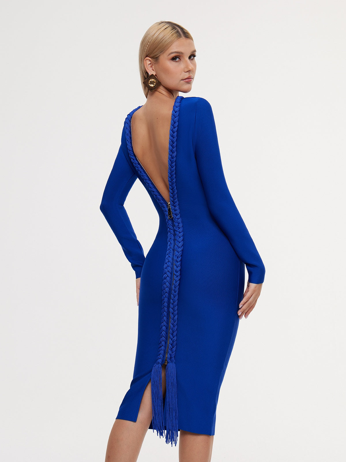 Eddyron Long Sleeve Bandage Midi Dress In Blue