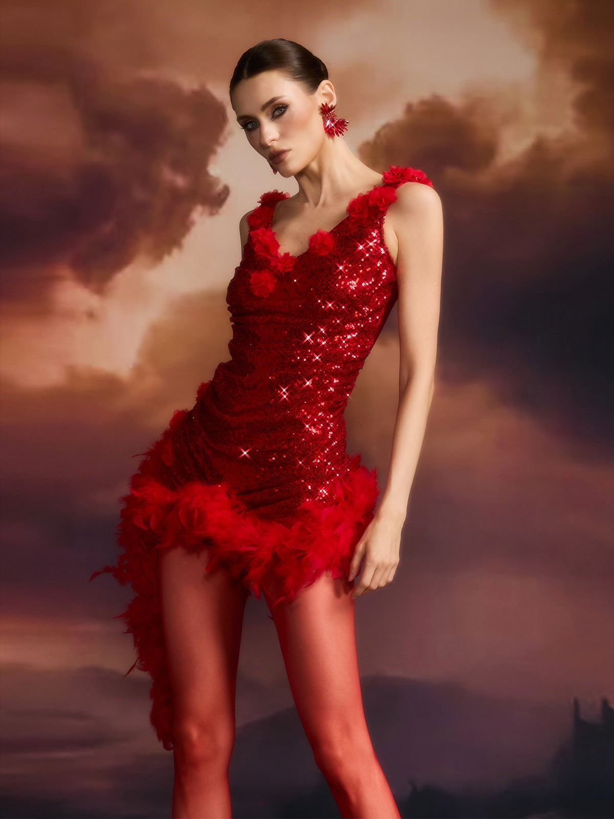 Edolie Flower Feather Sequin Mini Dress