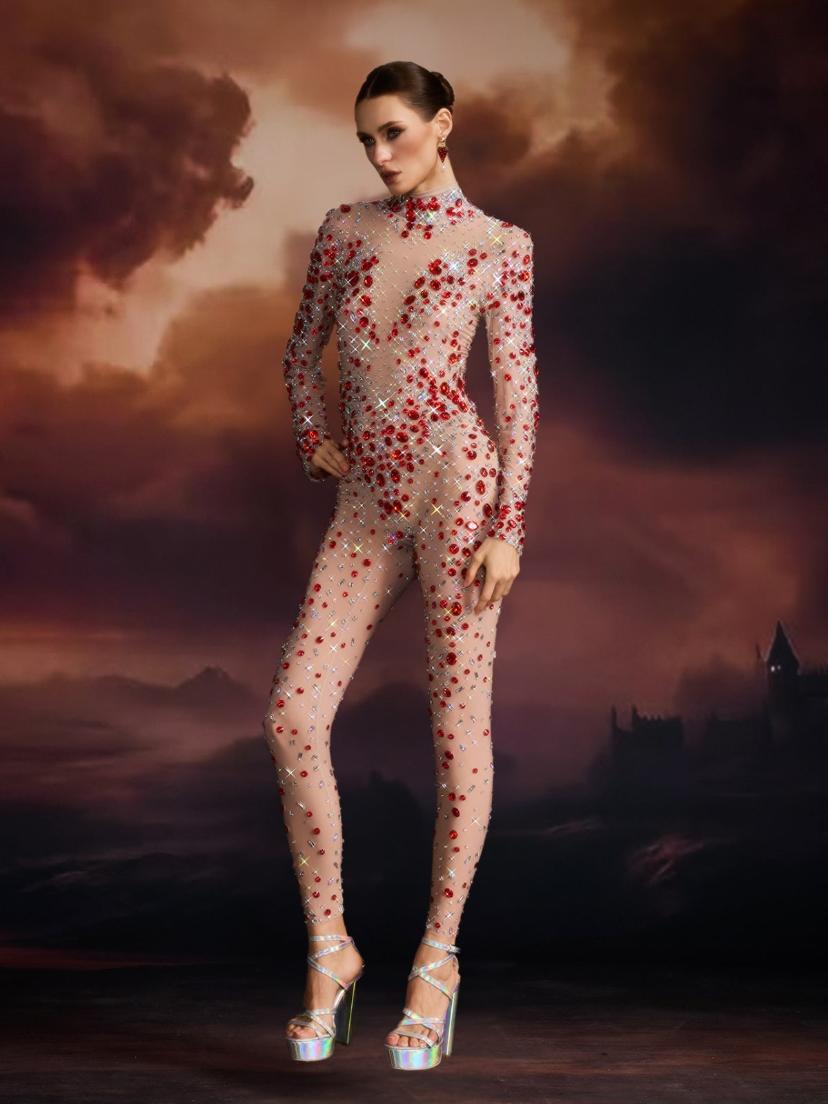 Edvard Long Sleeve Crystal Mesh Jumpsuit