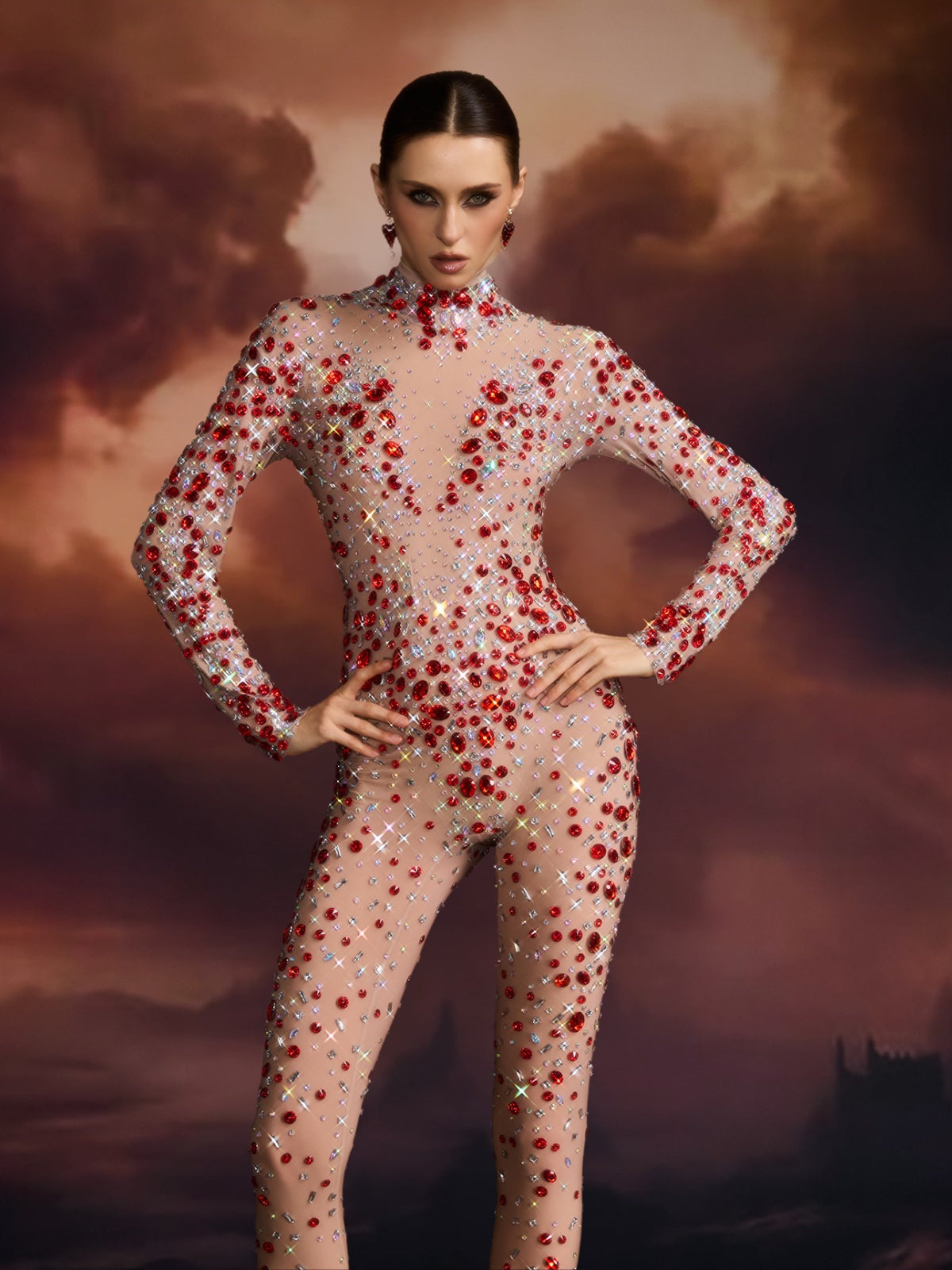 Edvard Long Sleeve Crystal Mesh Jumpsuit