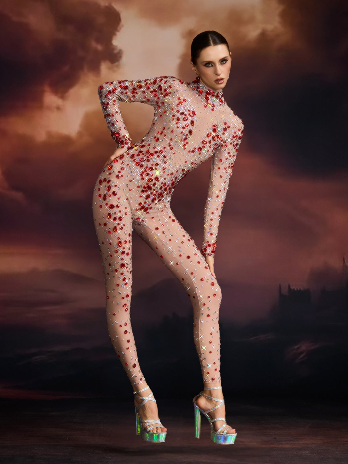 Edvard Long Sleeve Crystal Mesh Jumpsuit