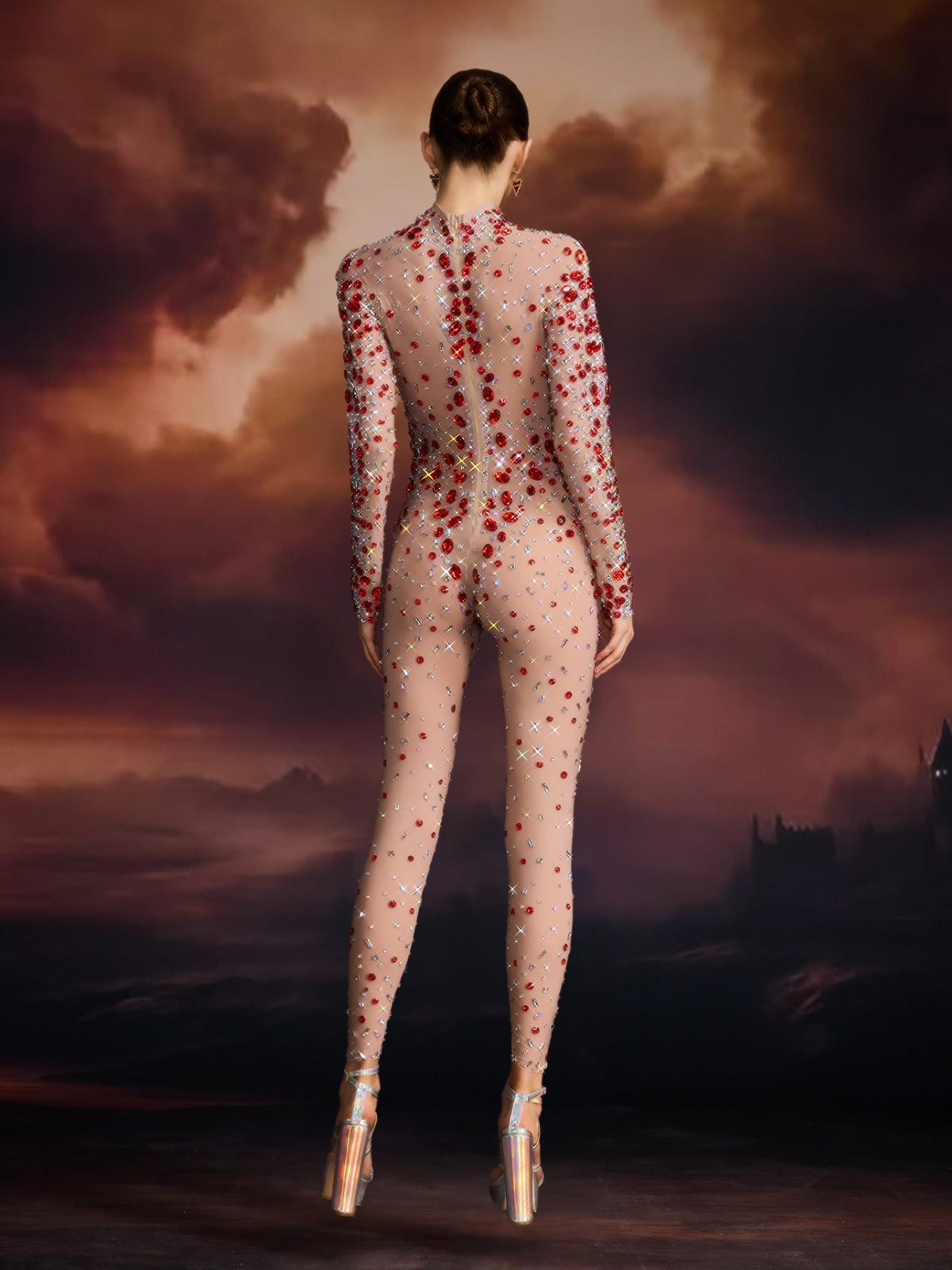 Edvard Long Sleeve Crystal Mesh Jumpsuit