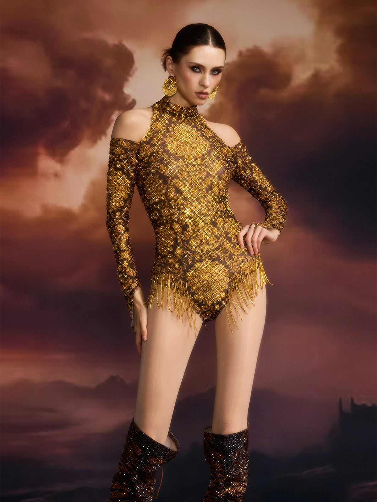 Egle Rhinestone Printed Fringe Bodysuit