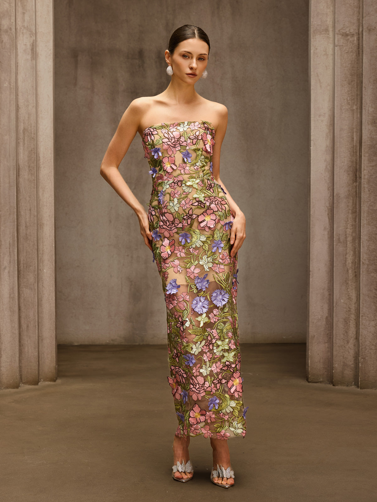 Eldrith Strapless Floral Embroidered Maxi Dress