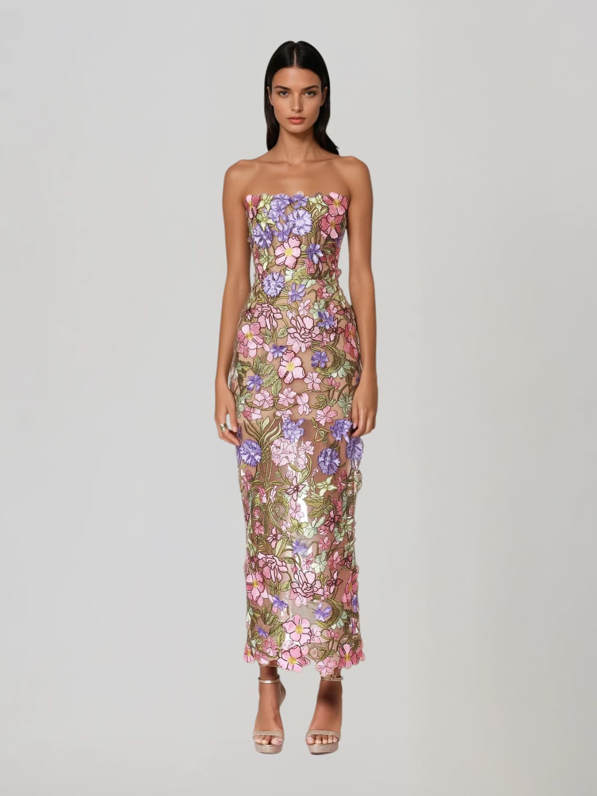 Eldrith Strapless Floral Embroidered Maxi Dress