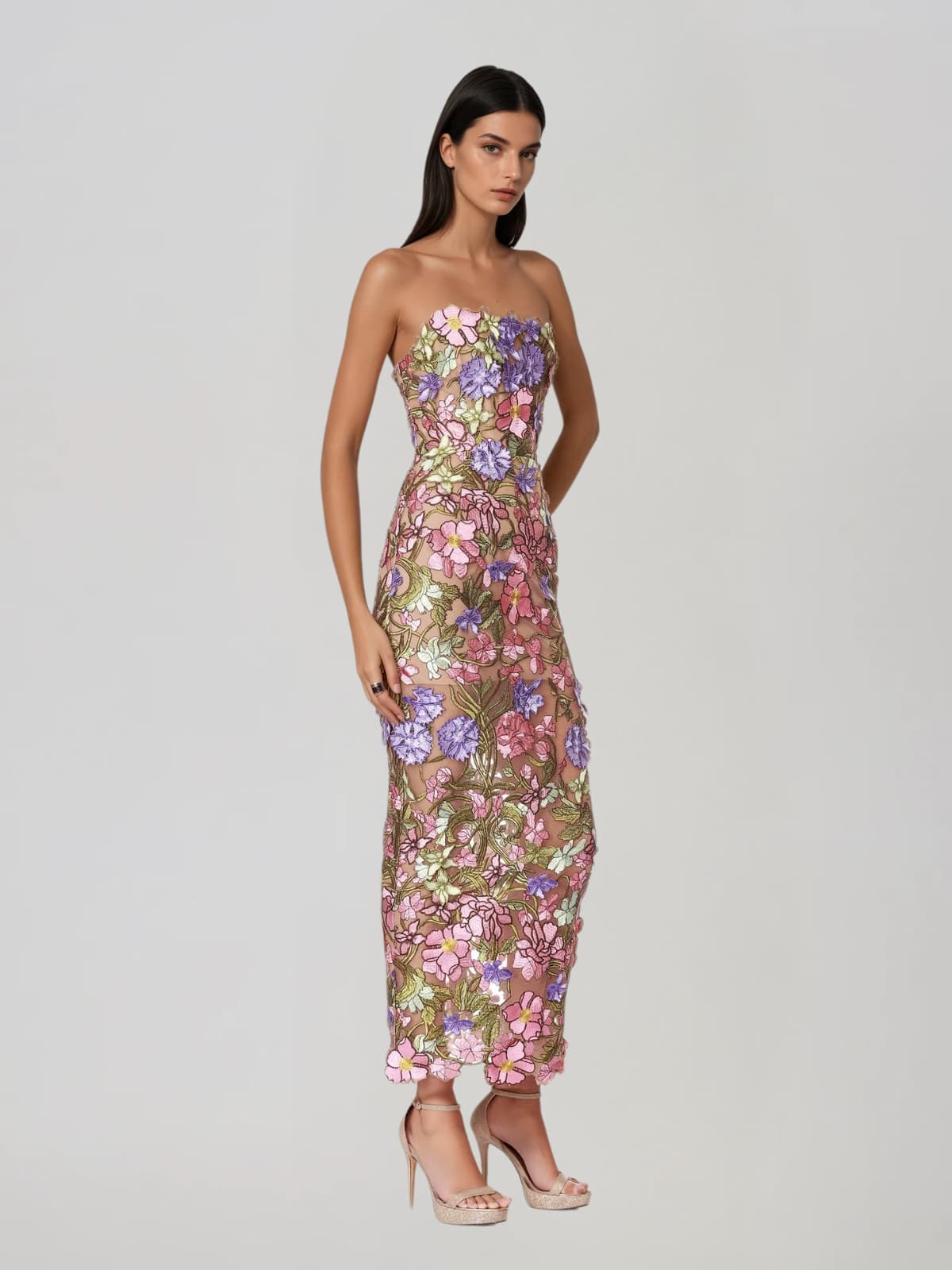 Eldrith Strapless Floral Embroidered Maxi Dress