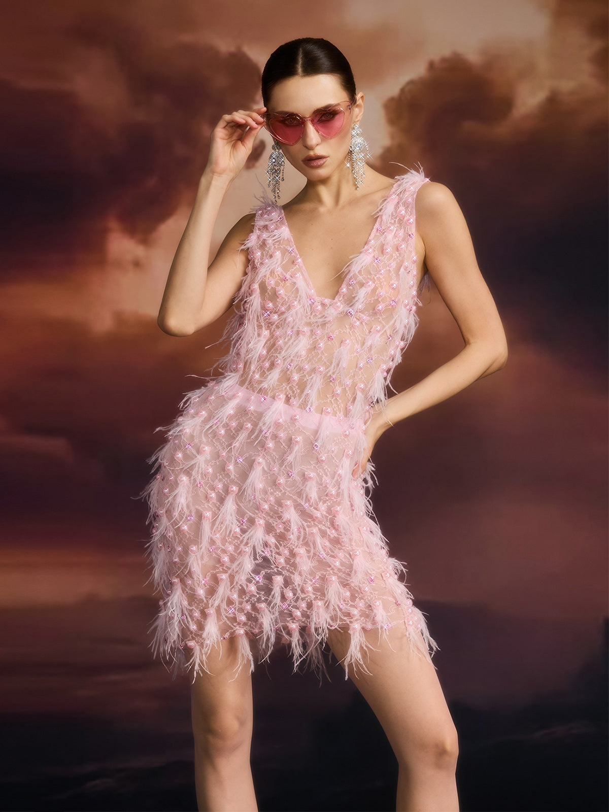 Eliava V Neck Pearl Fringe Mini Dress